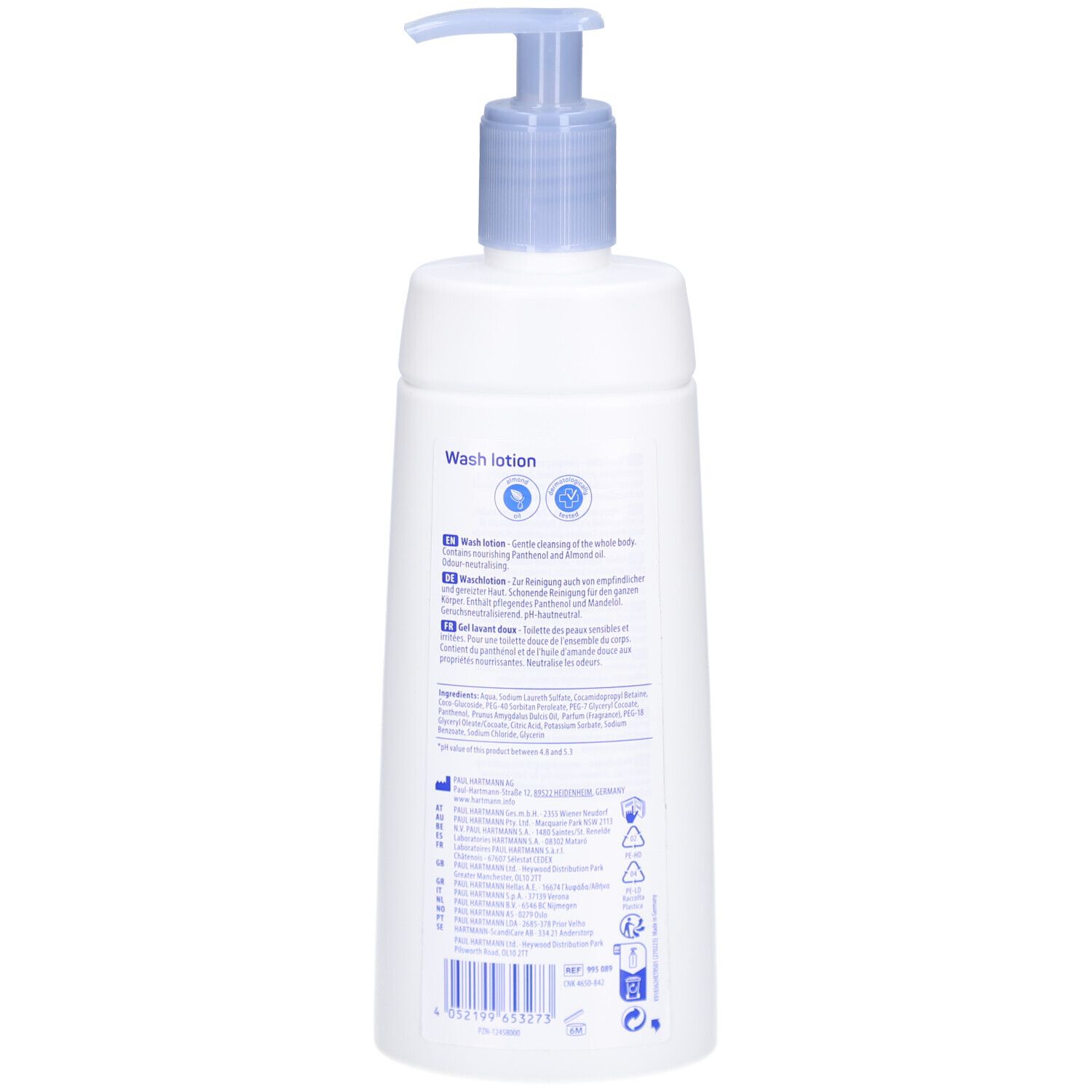 Dos du flacon blanc avec pompe bleue. Texte: Wash Lotion. Contient des informations et des ingrédients.