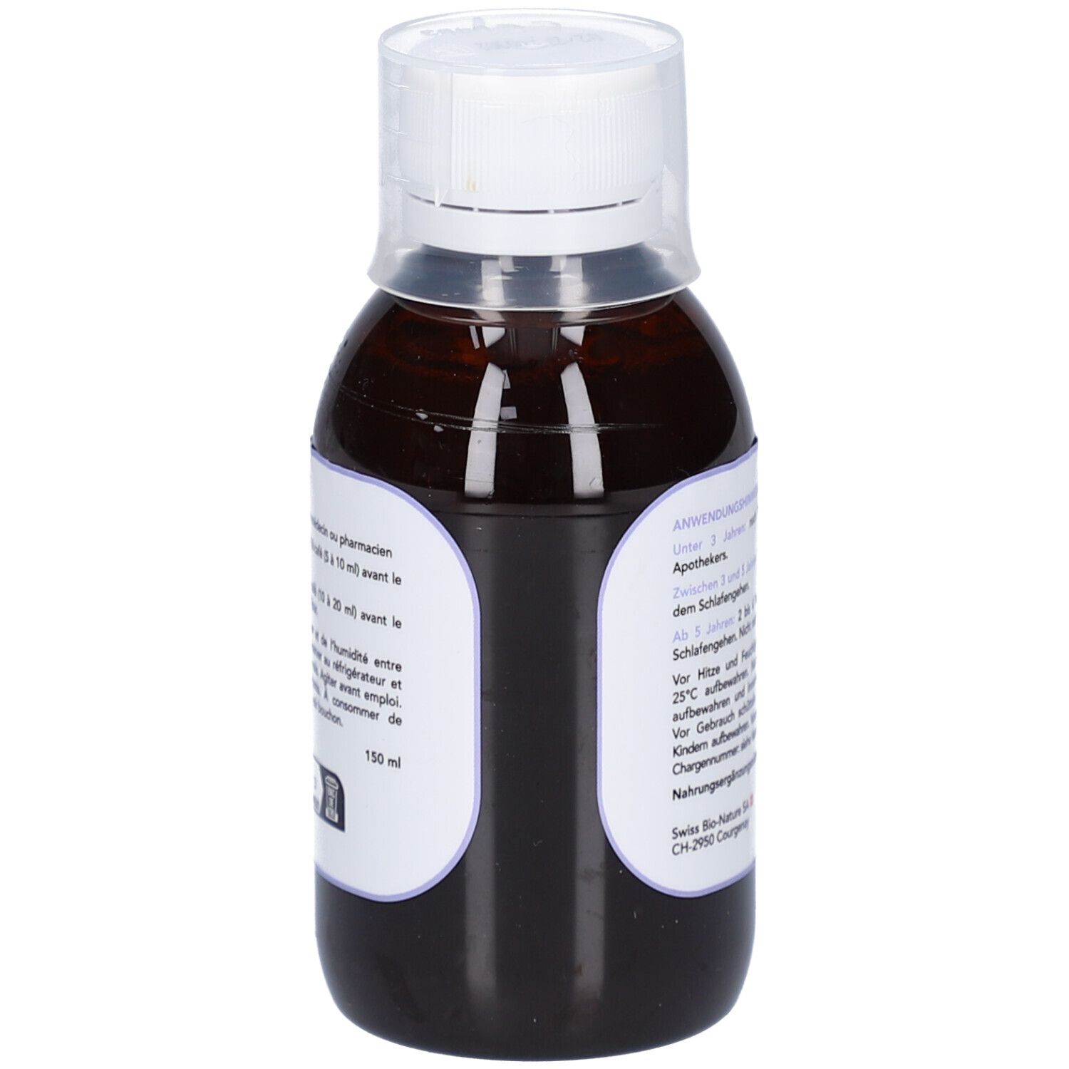 Braune Flüssigkeit in einer Flasche mit weißem Verschluss. Aufkleber mit Text und Anweisungen.