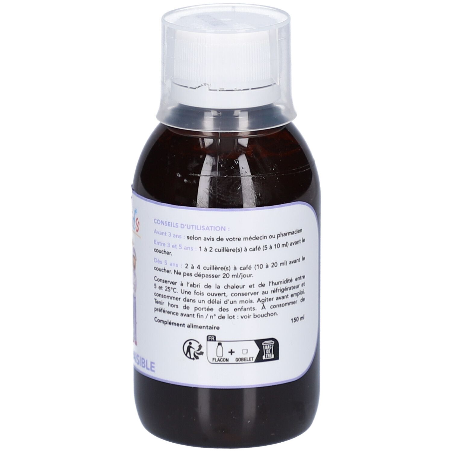 Braune Flüssigkeit in einer Flasche mit weißem Verschluss. Aufkleber mit Text und Anweisungen.