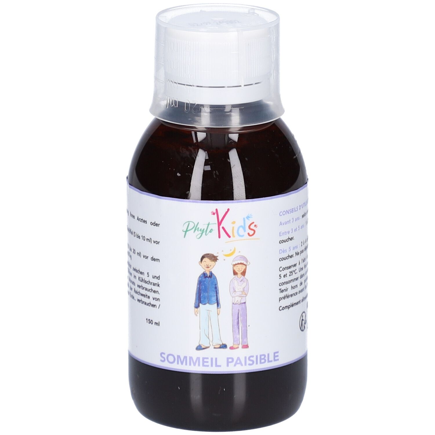 Braune Flüssigkeit in einer Flasche mit weißem Verschluss. Aufkleber mit Text und Illustrationen.