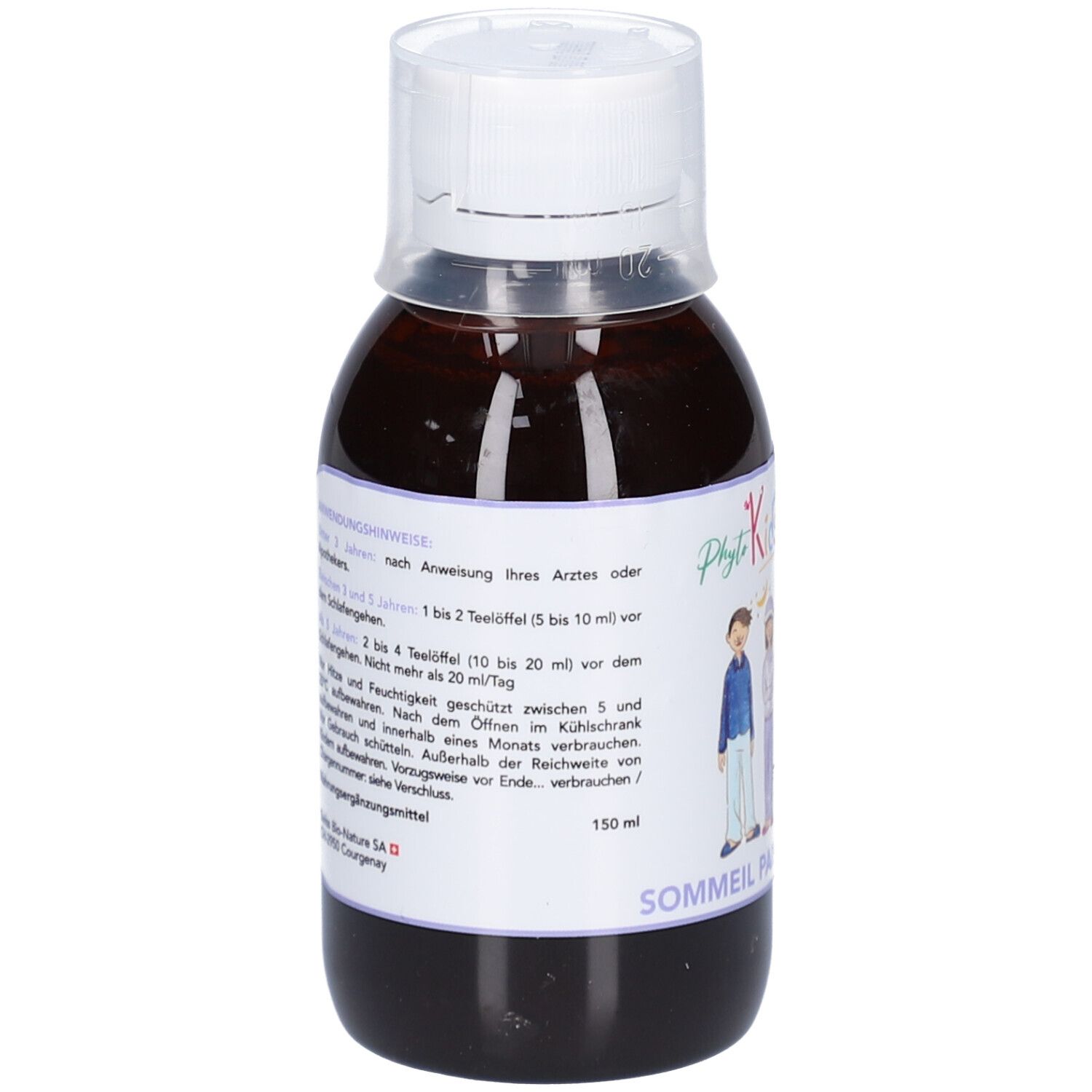 Braune Flüssigkeit in einer Flasche mit weißem Verschluss. Aufkleber mit Text und Anweisungen.