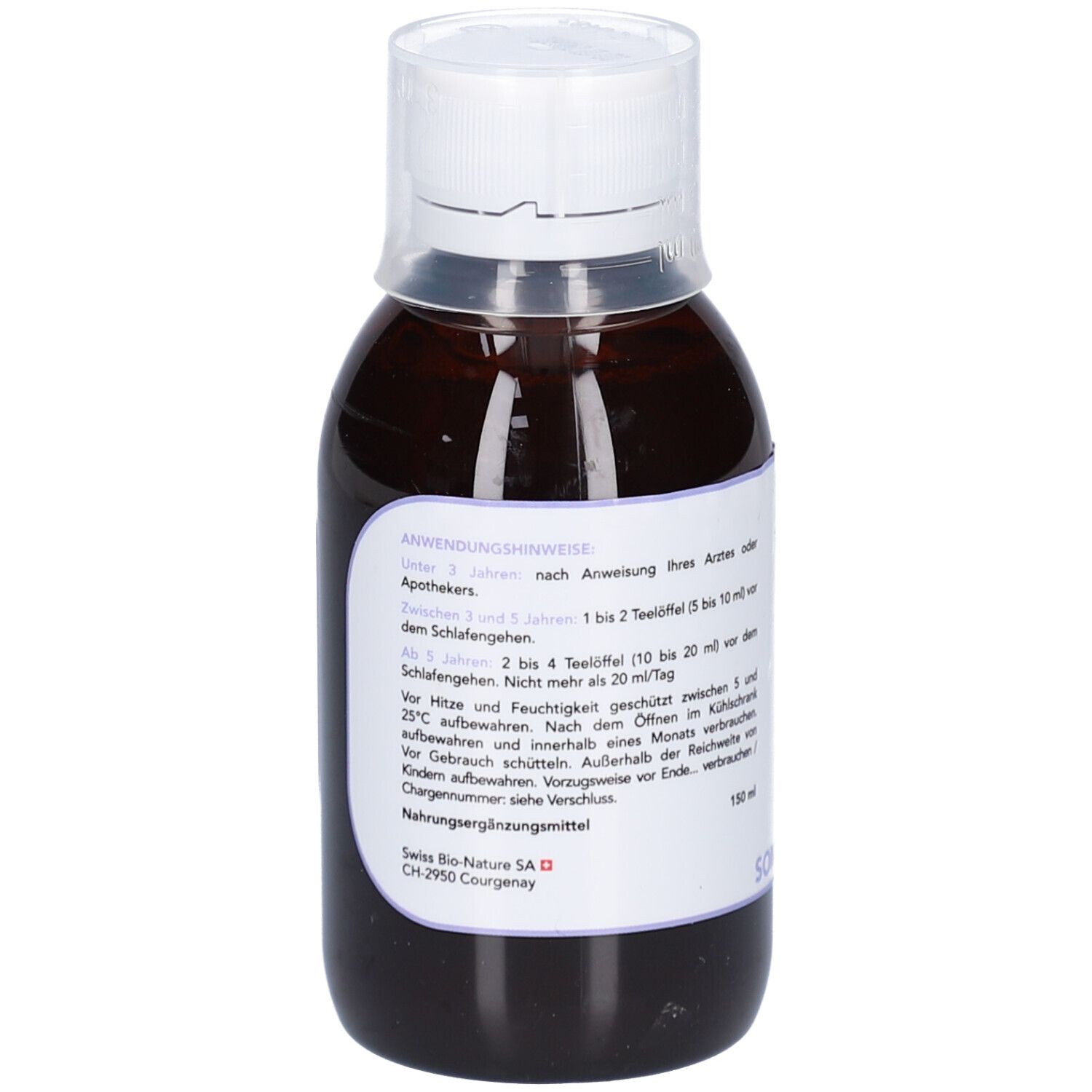 Braune Flüssigkeit in einer Flasche mit weißem Verschluss. Aufkleber mit Text und Anweisungen.