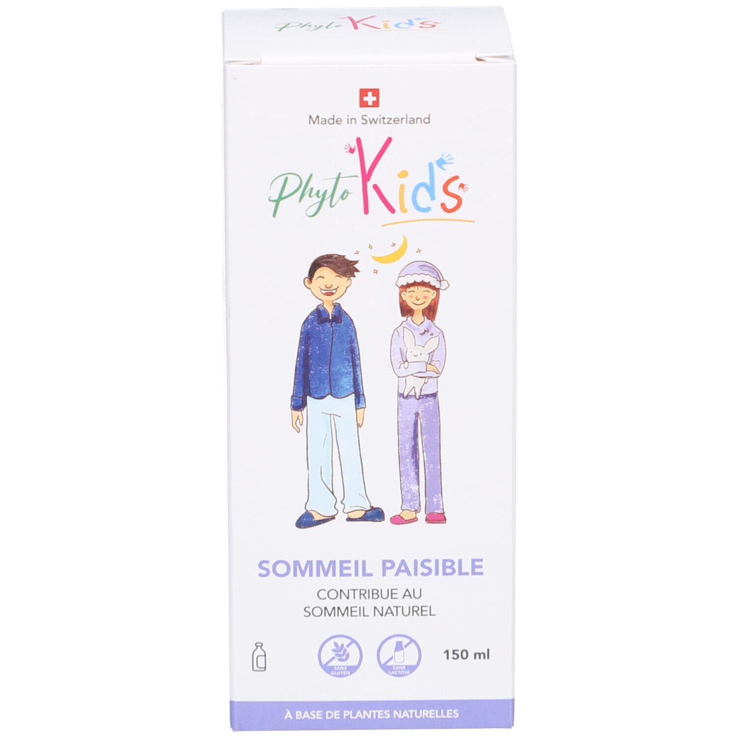Produktverpackung. Weißer Karton mit Text, Illustrationen und Produktnamen: PhytoKids Sommeil Paisible.