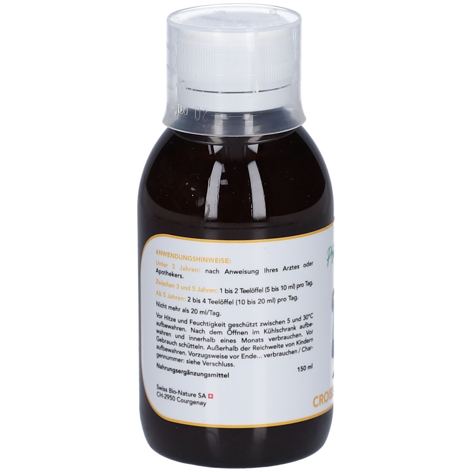 Braune Flüssigkeit in einer Flasche mit weißem Verschluss. Text auf Etikett.