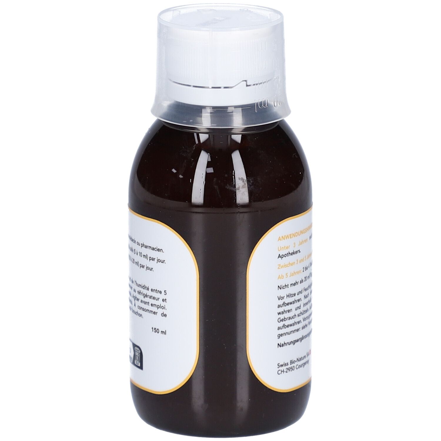 Braune Flüssigkeit in einer Flasche mit weißem Verschluss. Text auf Etikett.