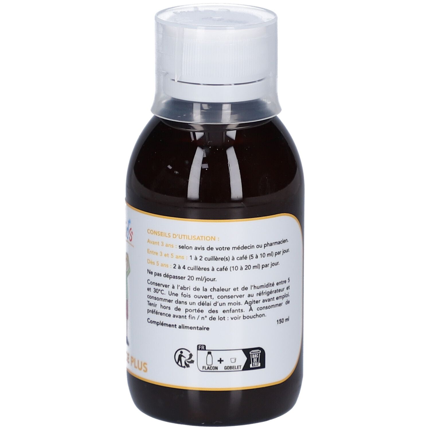 Braune Flüssigkeit in einer Flasche mit weißem Verschluss. Text auf Etikett.