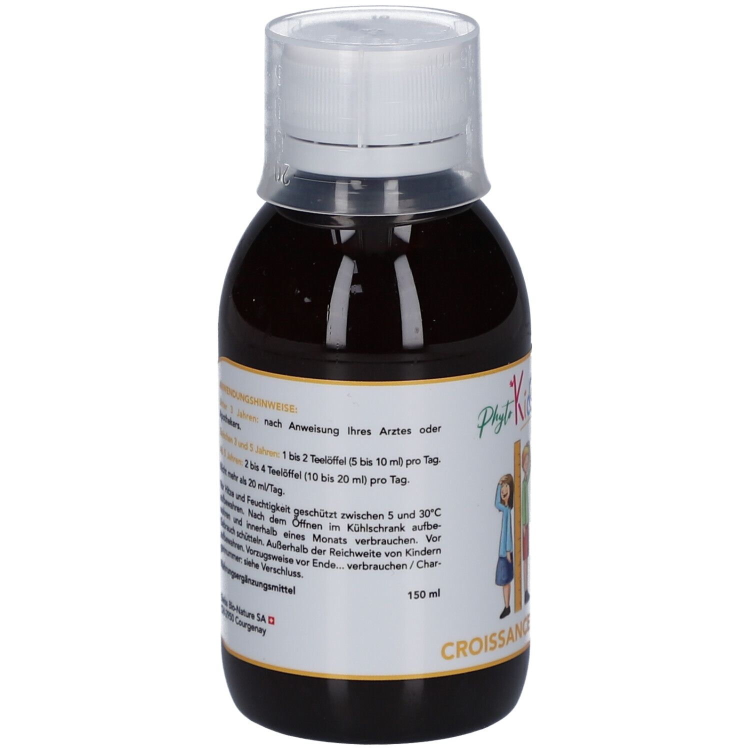 Braune Flüssigkeit in einer Flasche mit weißem Verschluss. Etikett mit Illustrationen und Text.