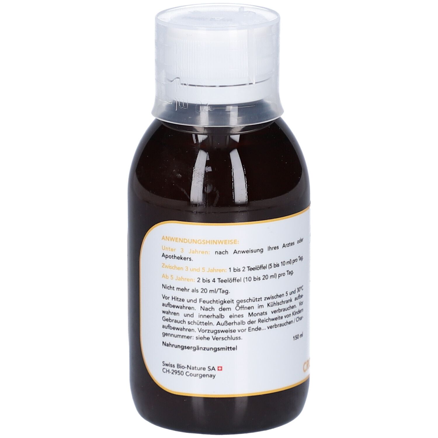 Braune Flüssigkeit in einer Flasche mit weißem Verschluss. Text auf Etikett.