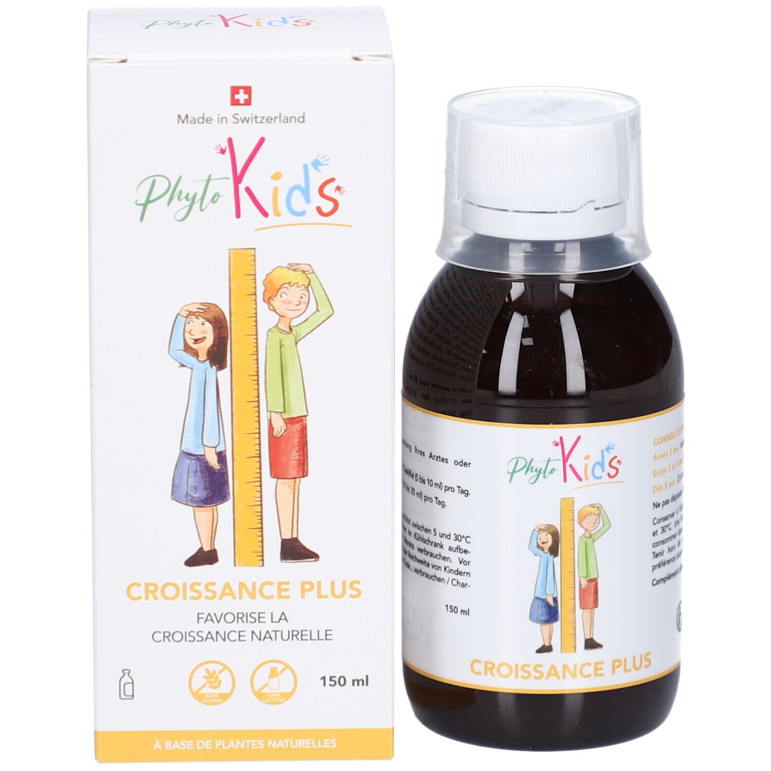 Flasche und Schachtel. Flasche mit brauner Flüssigkeit, weißem Verschluss. Schachtel mit Text und Illustrationen.