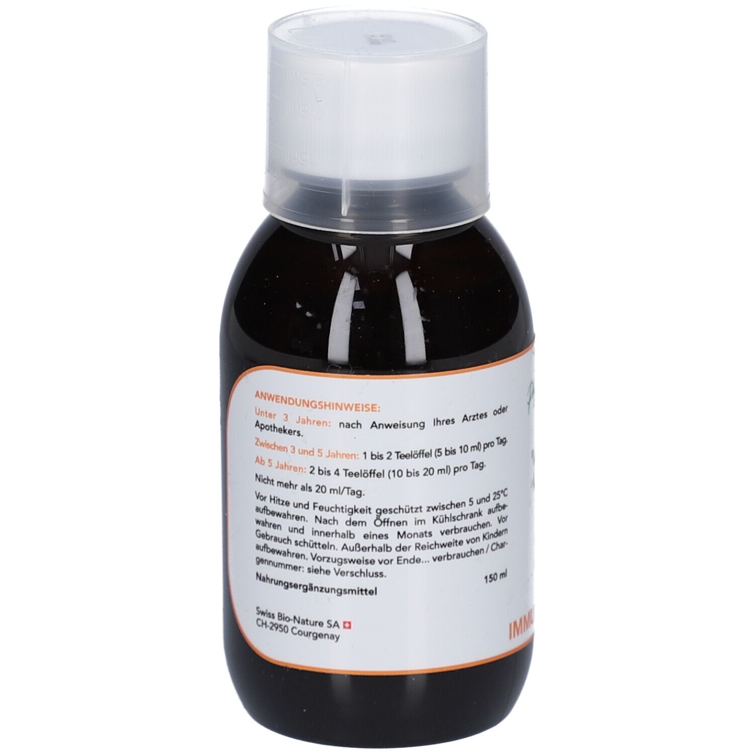 Braune Flüssigkeit in einer Flasche mit weißem Deckel. Etikett mit Text. 150 ml. Swiss Bio-Nature.