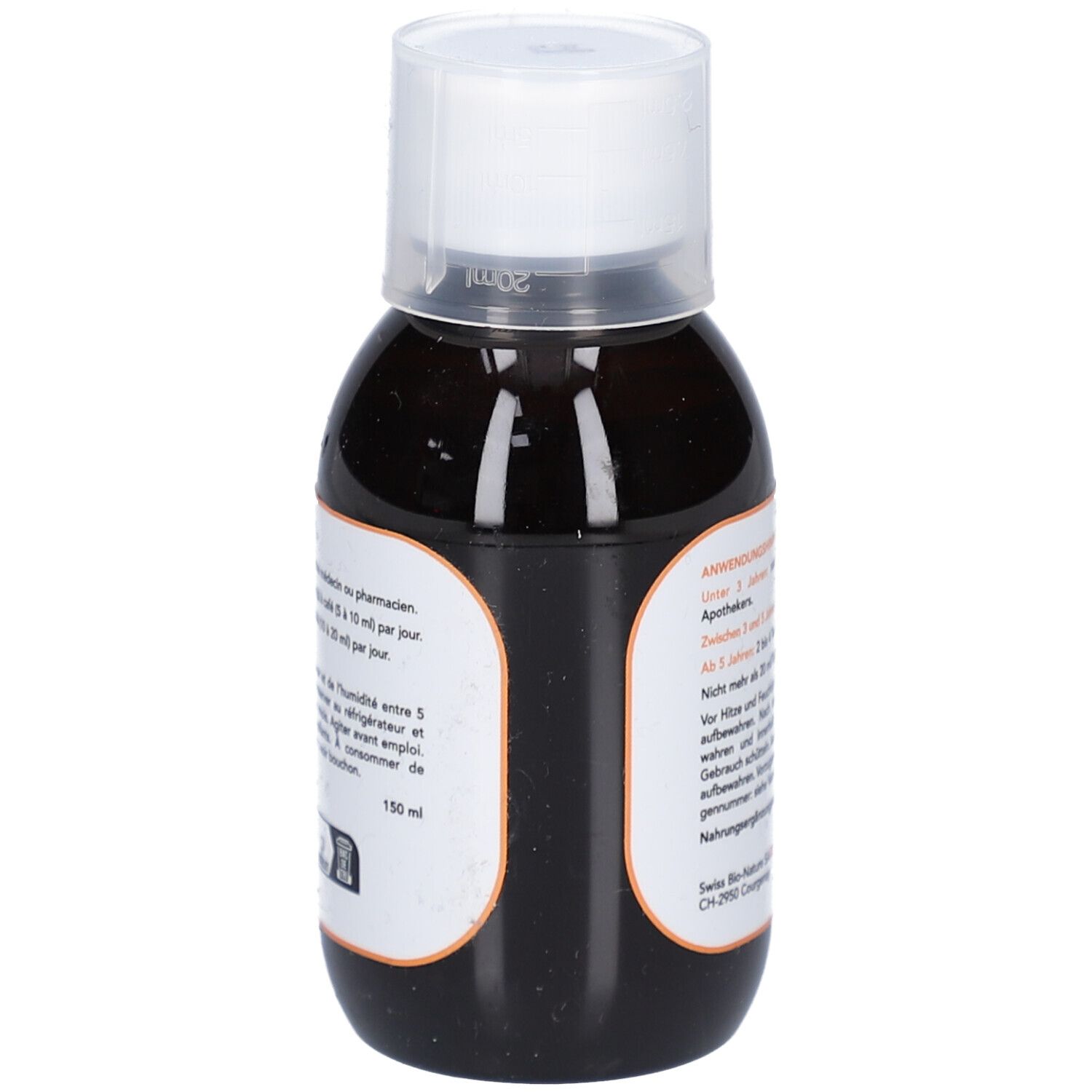 Braune Flüssigkeit in einer Flasche mit weißem Deckel. Etikett mit Text. 150 ml. Swiss Bio-Nature.