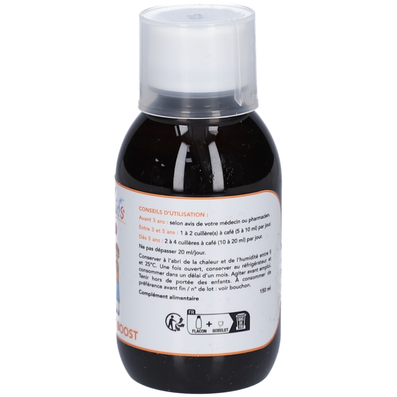 Braune Flüssigkeit in einer Flasche mit weißem Deckel. Etikett mit Text. 150 ml. Swiss Bio-Nature.