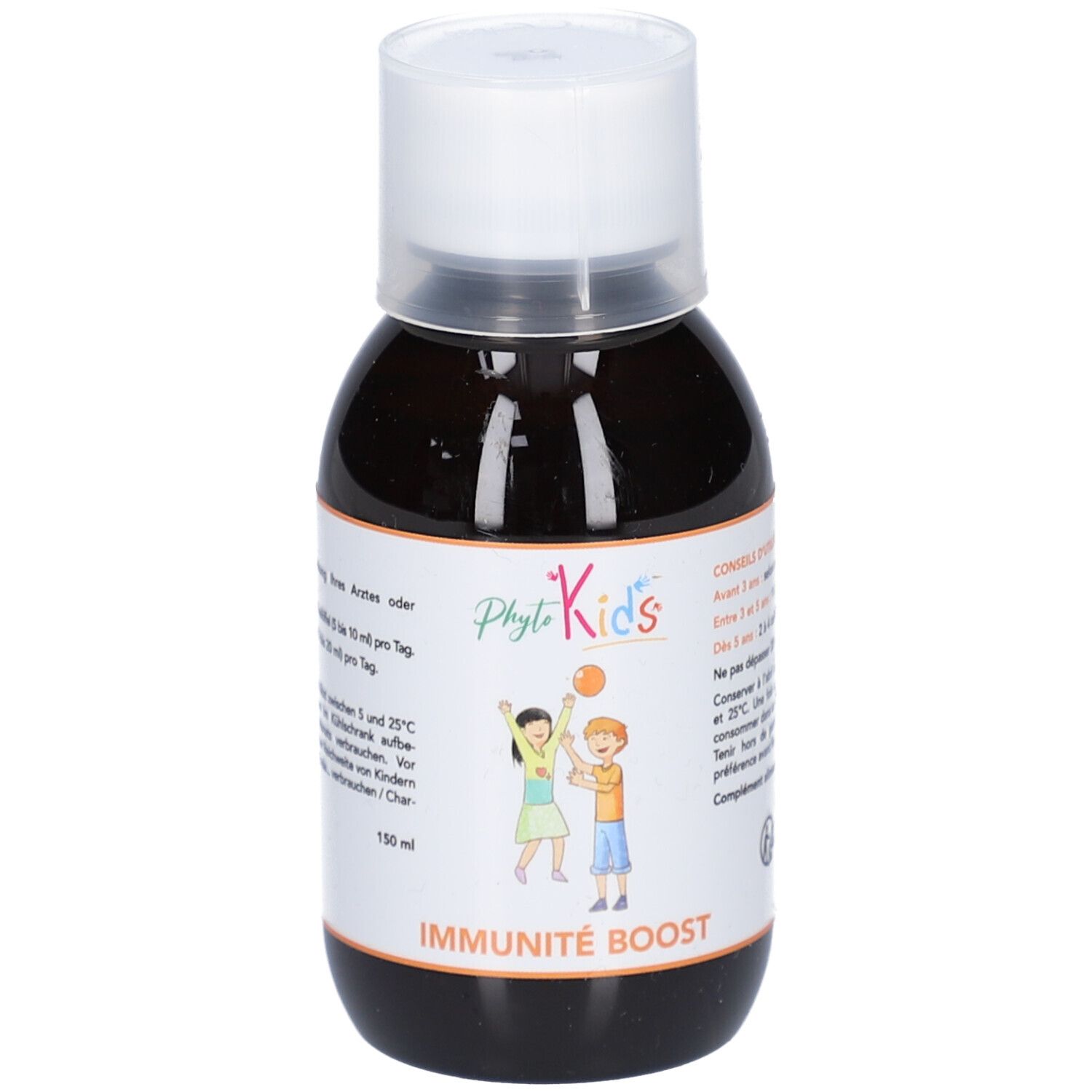 Braune Flüssigkeit in einer Flasche mit weißem Deckel. Etikett mit Text und Illustration. 150 ml.