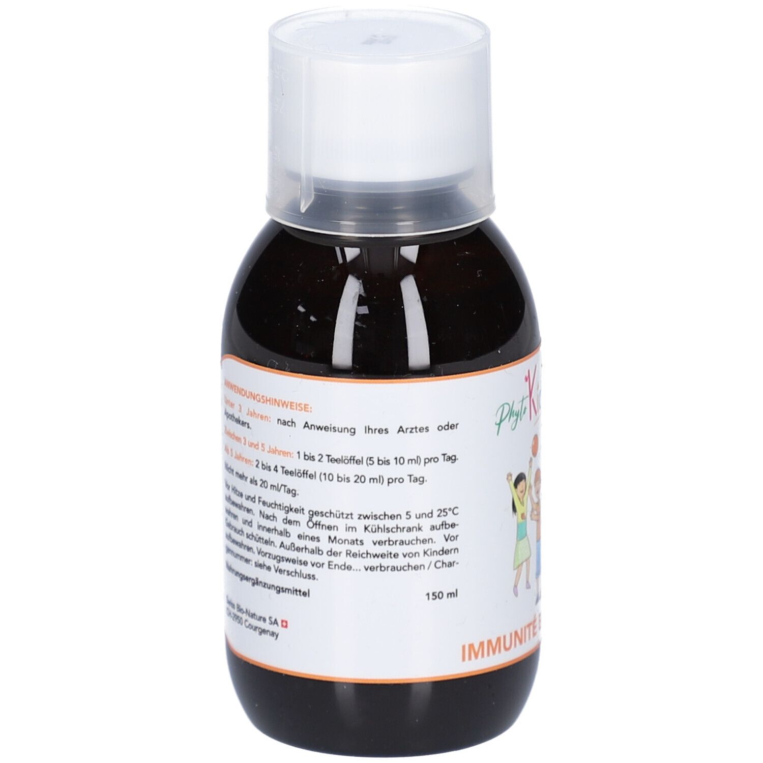 Braune Flüssigkeit in einer Flasche mit weißem Deckel. Etikett mit Text und Illustration. 150 ml.