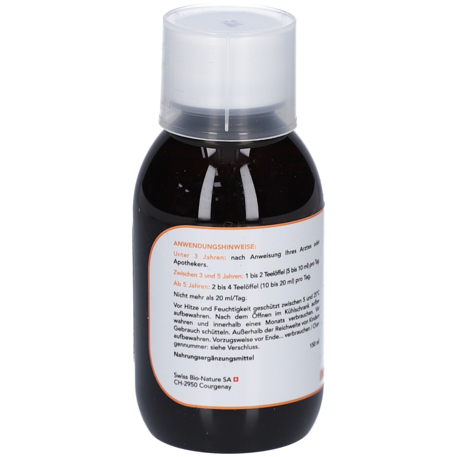 Braune Flüssigkeit in einer Flasche mit weißem Deckel. Etikett mit Text. 150 ml. Swiss Bio-Nature.