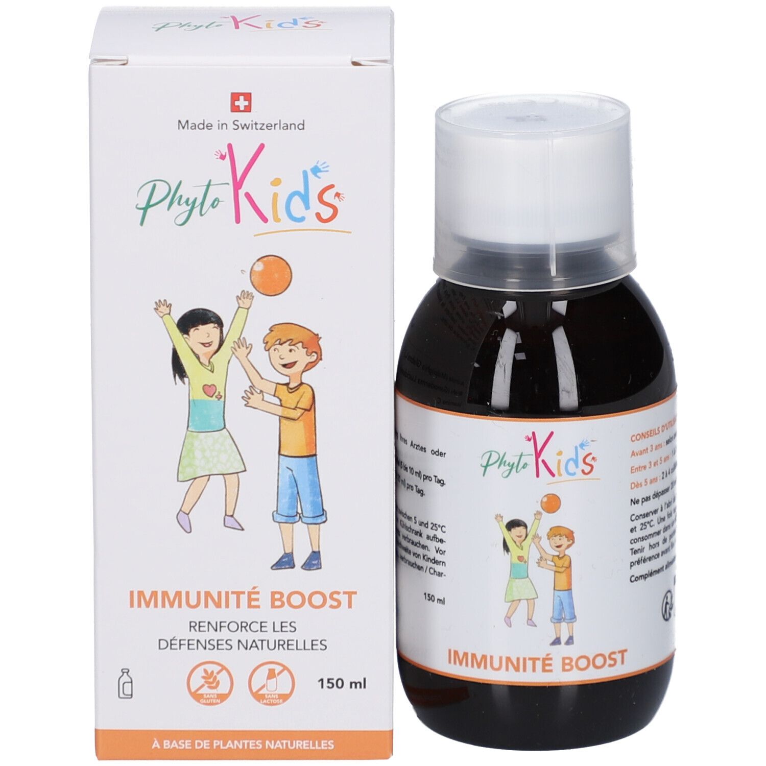 Flasche und Schachtel. Flasche mit brauner Flüssigkeit, weißem Deckel. Schachtel mit Illustration und Text. 150 ml.