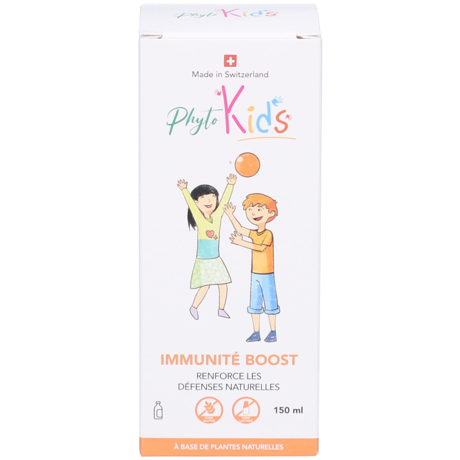 Weiße Schachtel mit Illustration von Kindern. Text: Immunité Boost, 150 ml. Hergestellt in der Schweiz.