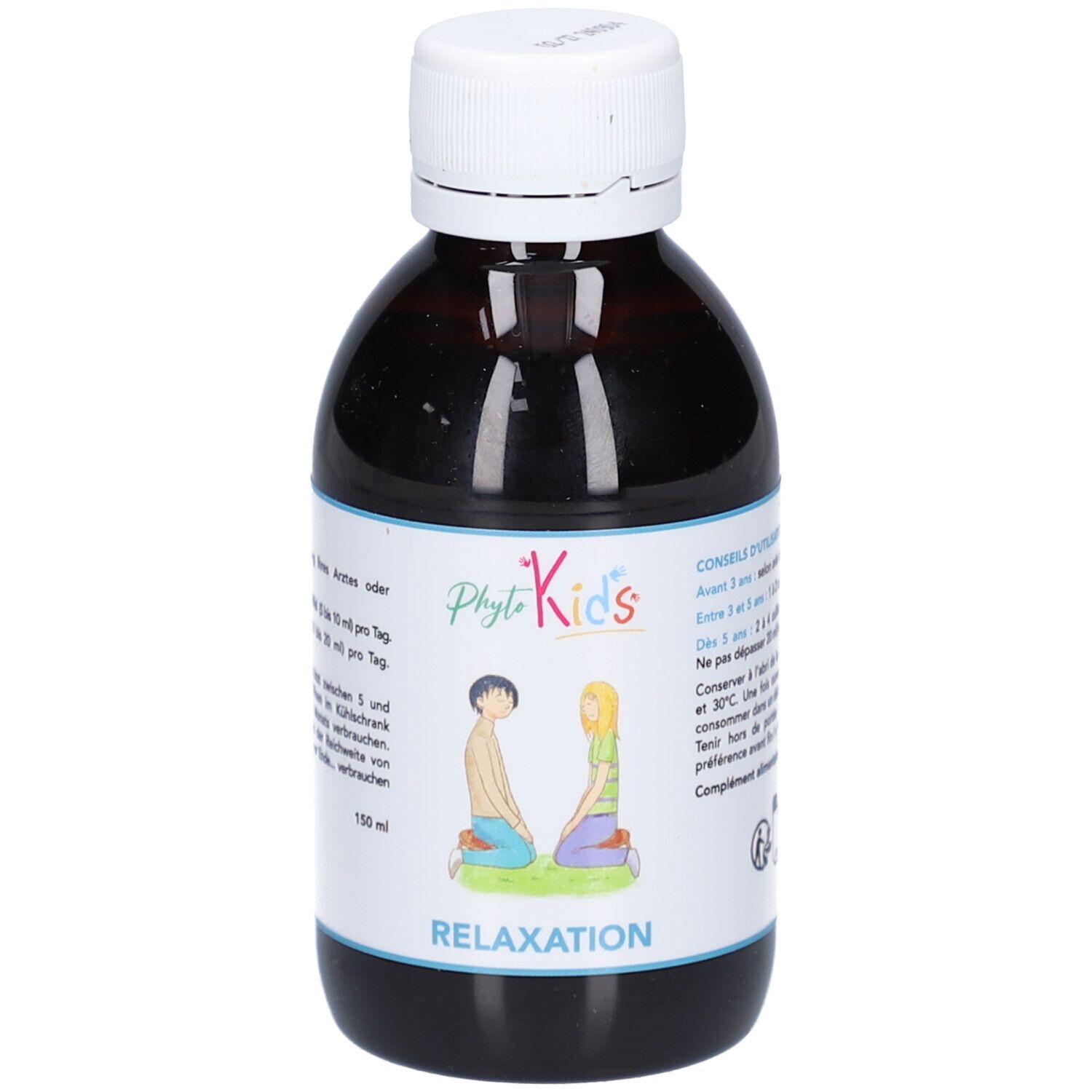 Braune Glasflasche mit weißem Deckel. Etikett mit PhytoKids-Logo, zwei Kindern und dem Wort RELAXATION. 150 ml.