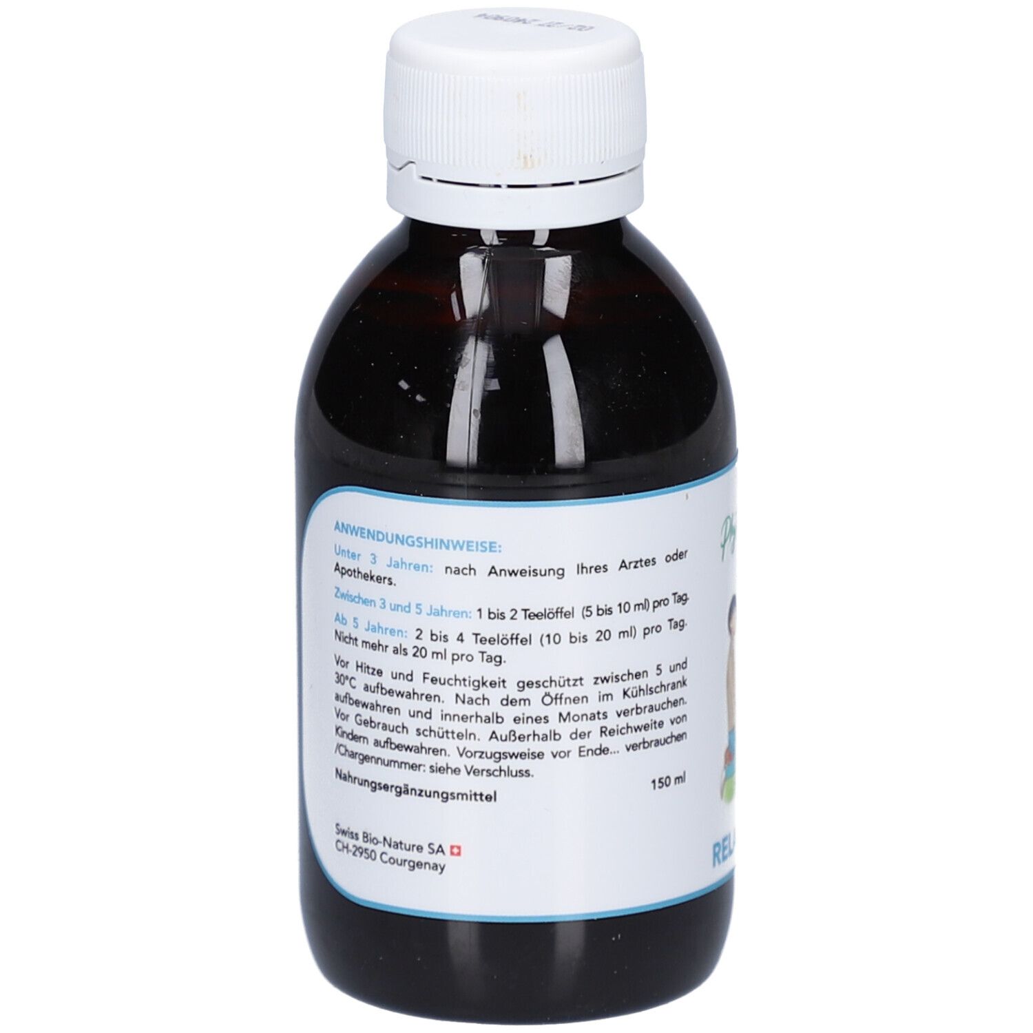 Braune Glasflasche mit weißem Deckel. Etikett mit Anwendungs- und Warnhinweisen. 150 ml.