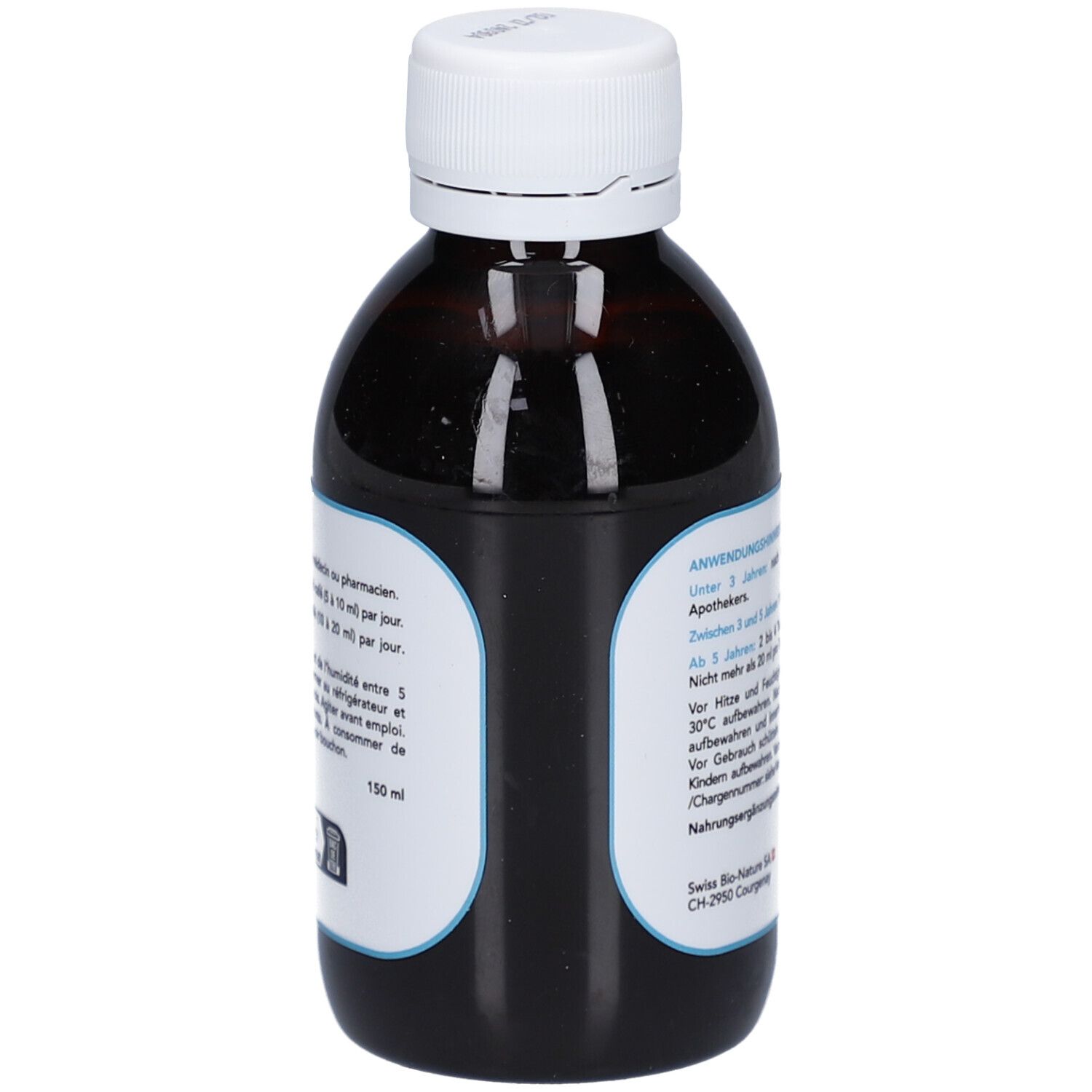 Braune Glasflasche mit weißem Deckel. Etikett mit Anwendungs- und Warnhinweisen. 150 ml.