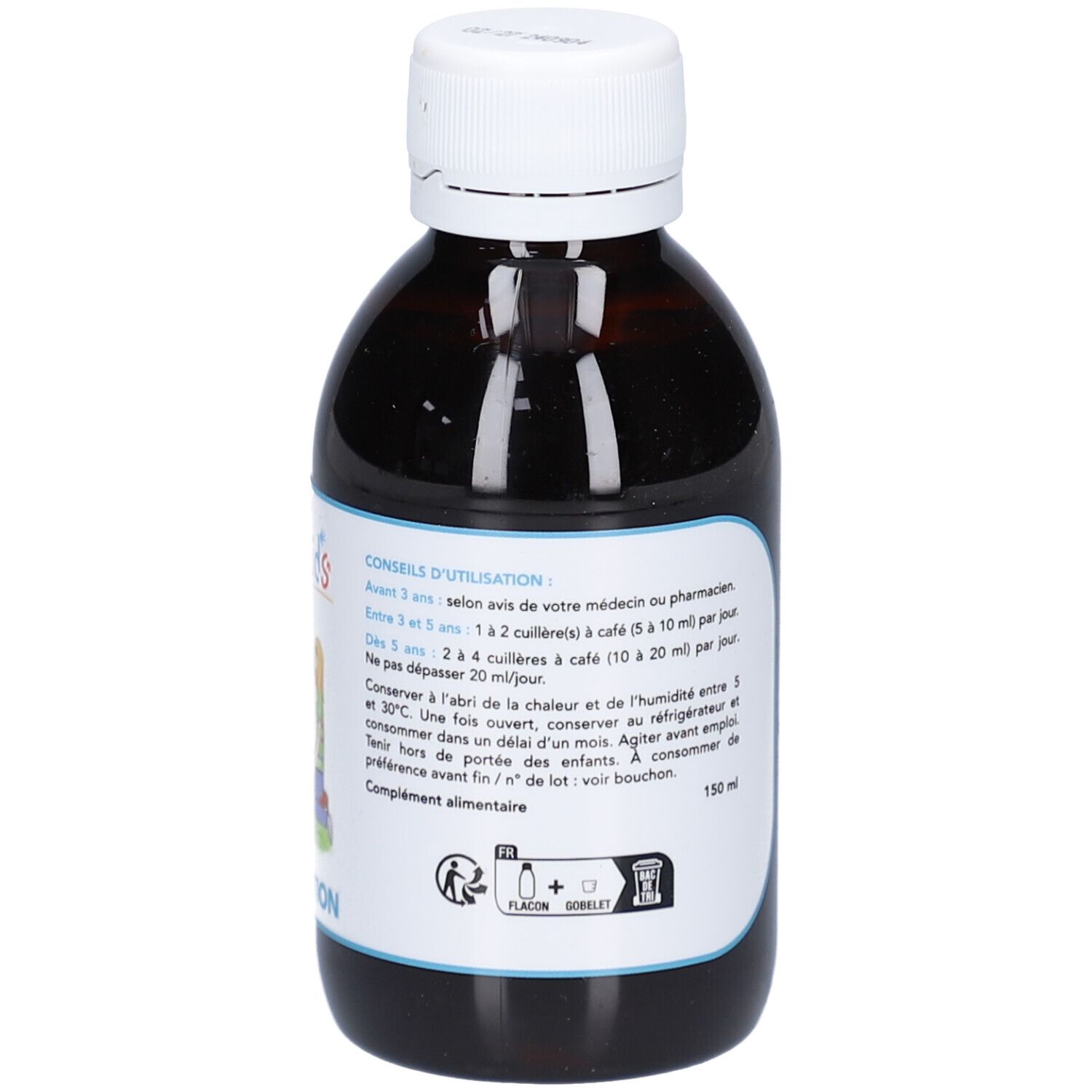 Braune Glasflasche mit weißem Deckel. Etikett mit Anwendungs- und Warnhinweisen. 150 ml.