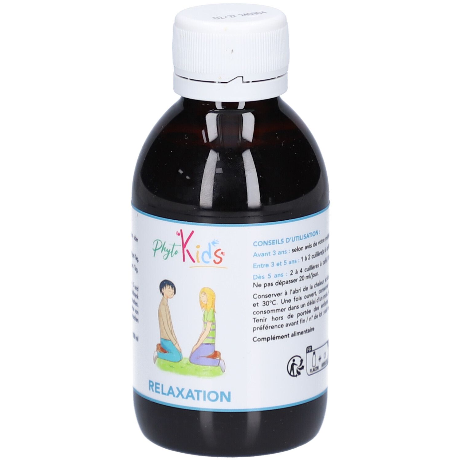 Braune Glasflasche mit weißem Deckel. Etikett mit PhytoKids-Logo, zwei Kindern und dem Wort RELAXATION. 150 ml.