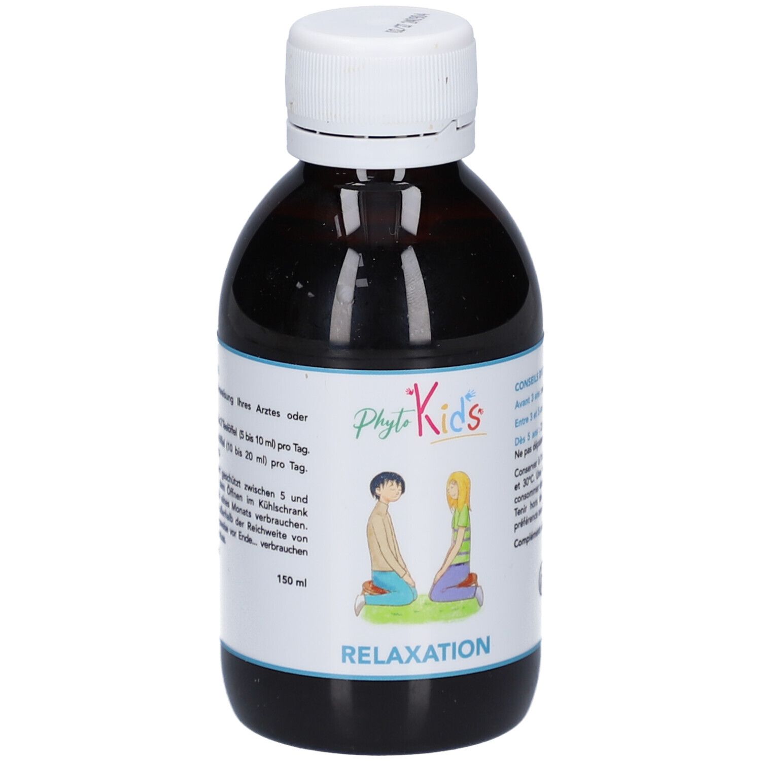 Braune Glasflasche mit weißem Deckel. Etikett mit PhytoKids-Logo, zwei Kindern und dem Wort RELAXATION. 150 ml.