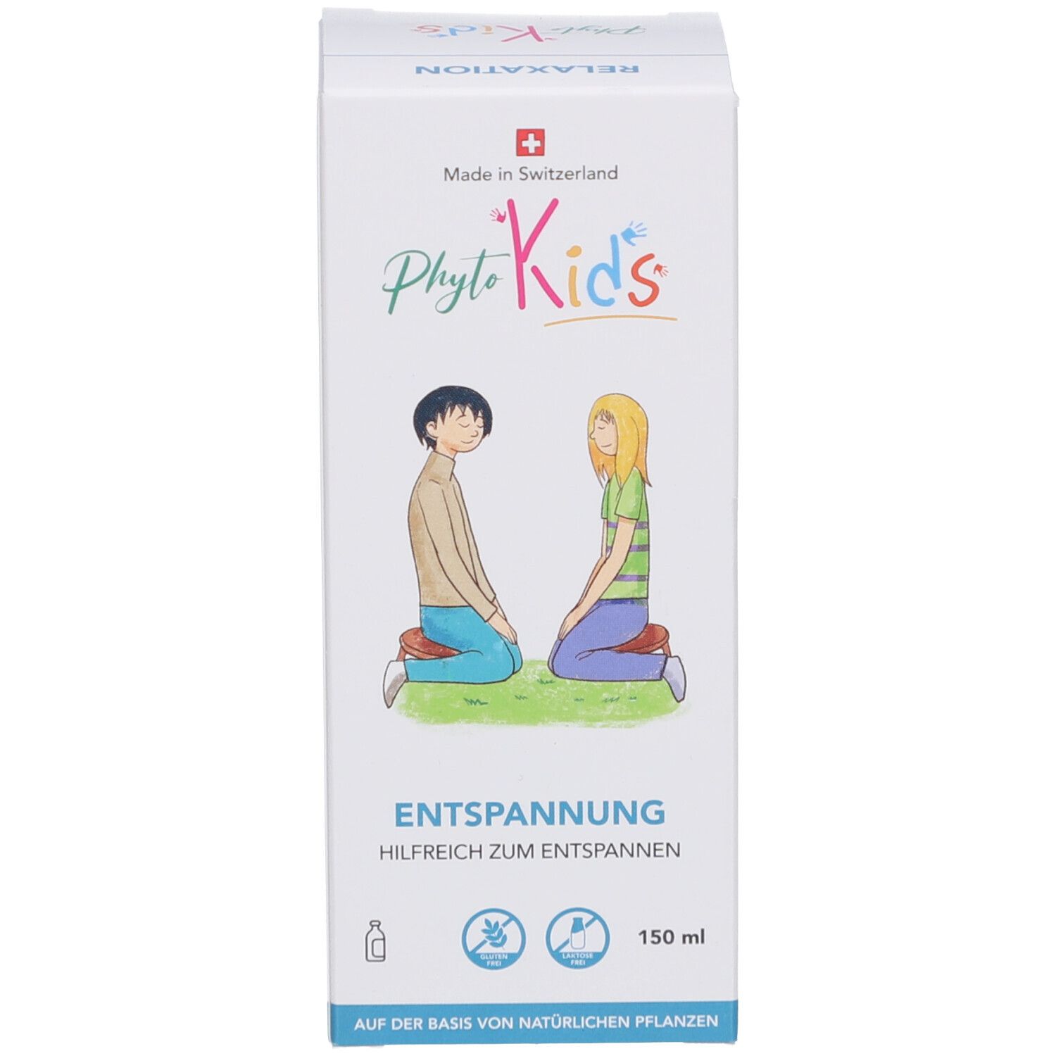 Weiße Produktverpackung mit PhytoKids-Logo, zwei Kindern und Schriftzug Entspannung. 150 ml.