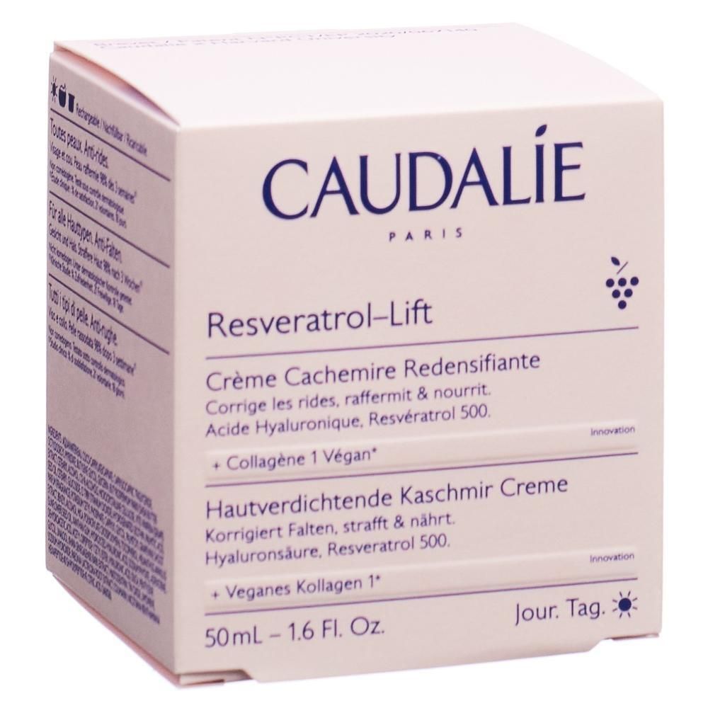 Creme-Verpackung mit Schriftzug CAUDALIE PARIS. Produktname: Resveratrol-Lift. Enthält Text in Deutsch und Französisch. 50ml.