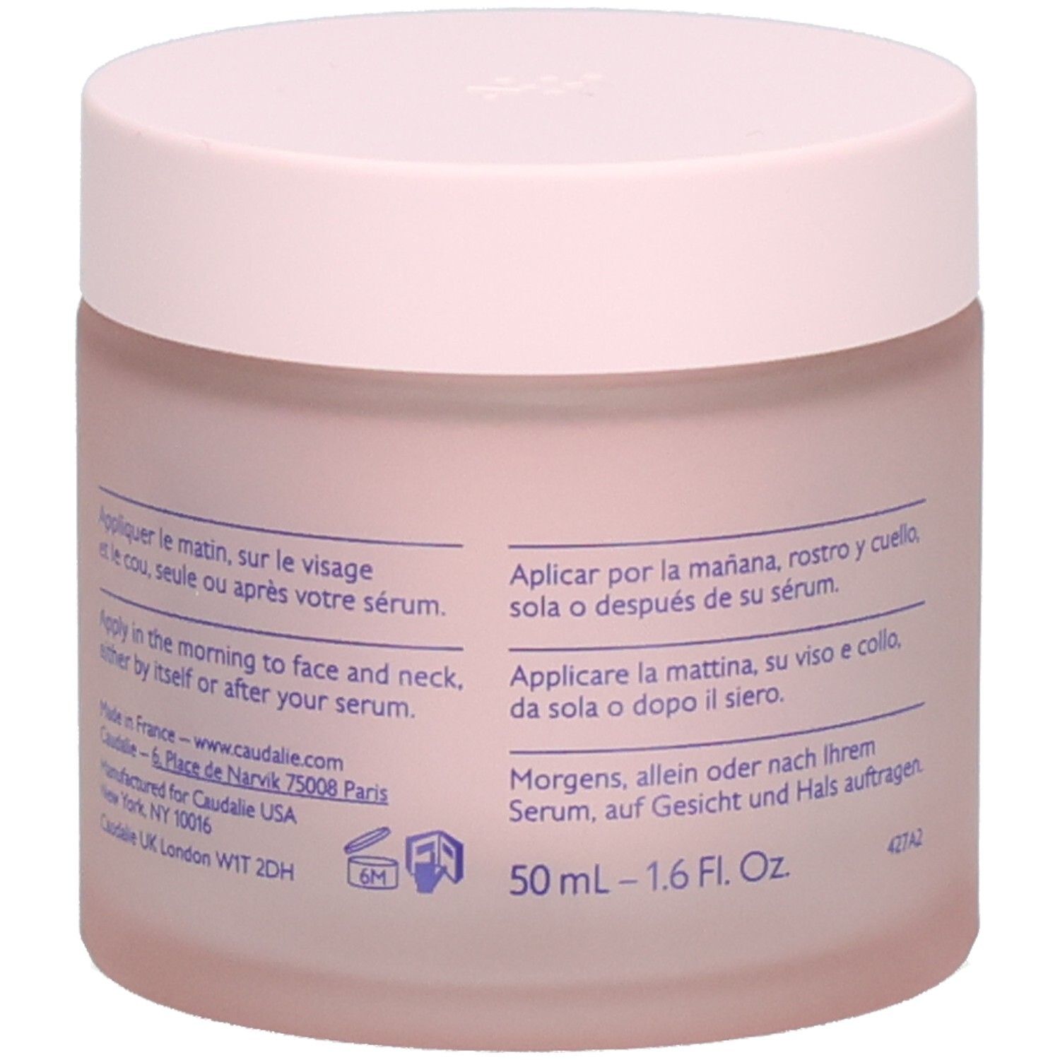 Pot de crème Caudalie Resveratrol-Lift. Pot rose avec couvercle. Dos avec texte.