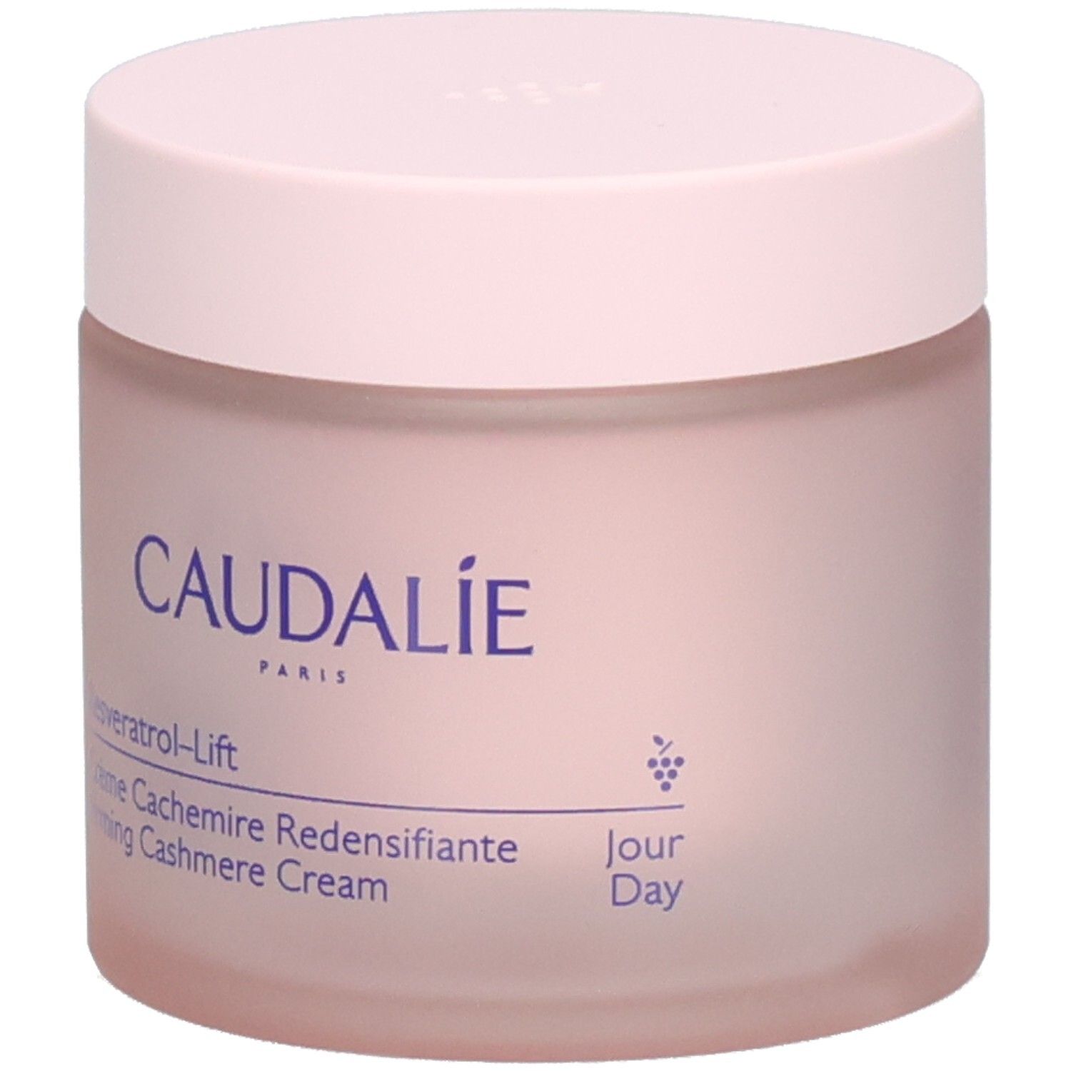 Pot de crème rose avec couvercle. Inscription: Caudalie, Resveratrol-Lift, Crème Cachemire Redensifiante.