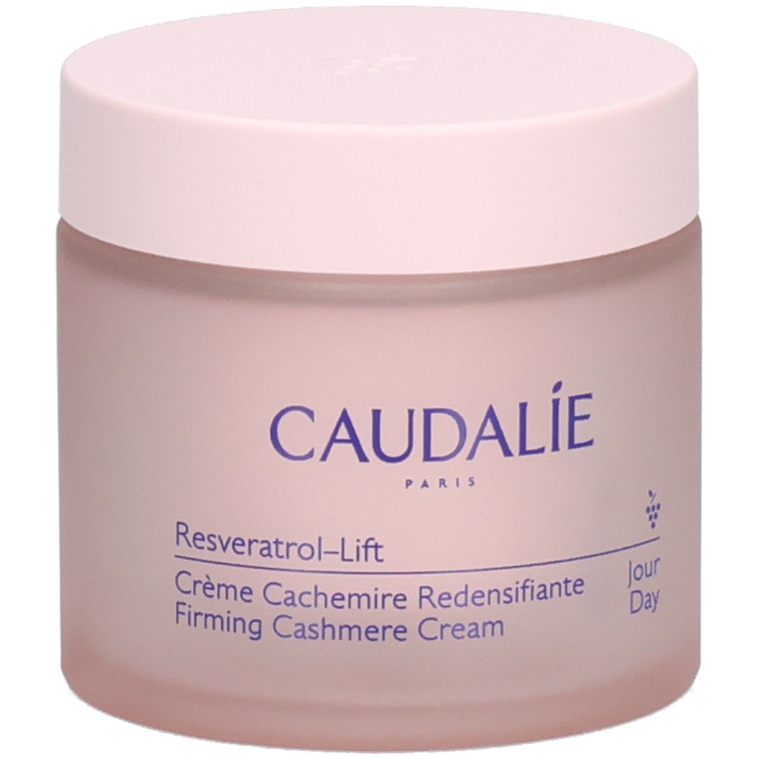 Pot de crème rose avec couvercle. Inscription: Caudalie, Resveratrol-Lift, Crème Cachemire Redensifiante.
