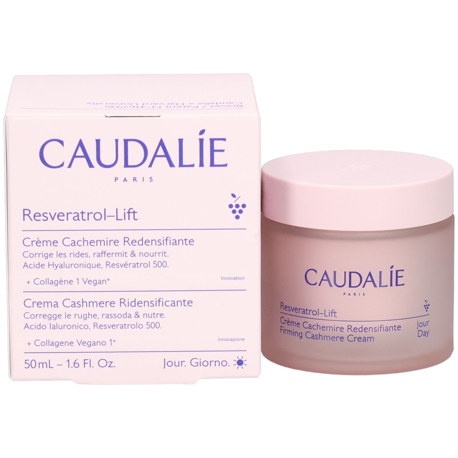 Emballage du produit et pot de crème. Inscription: Caudalie, Resveratrol-Lift. 50ml.