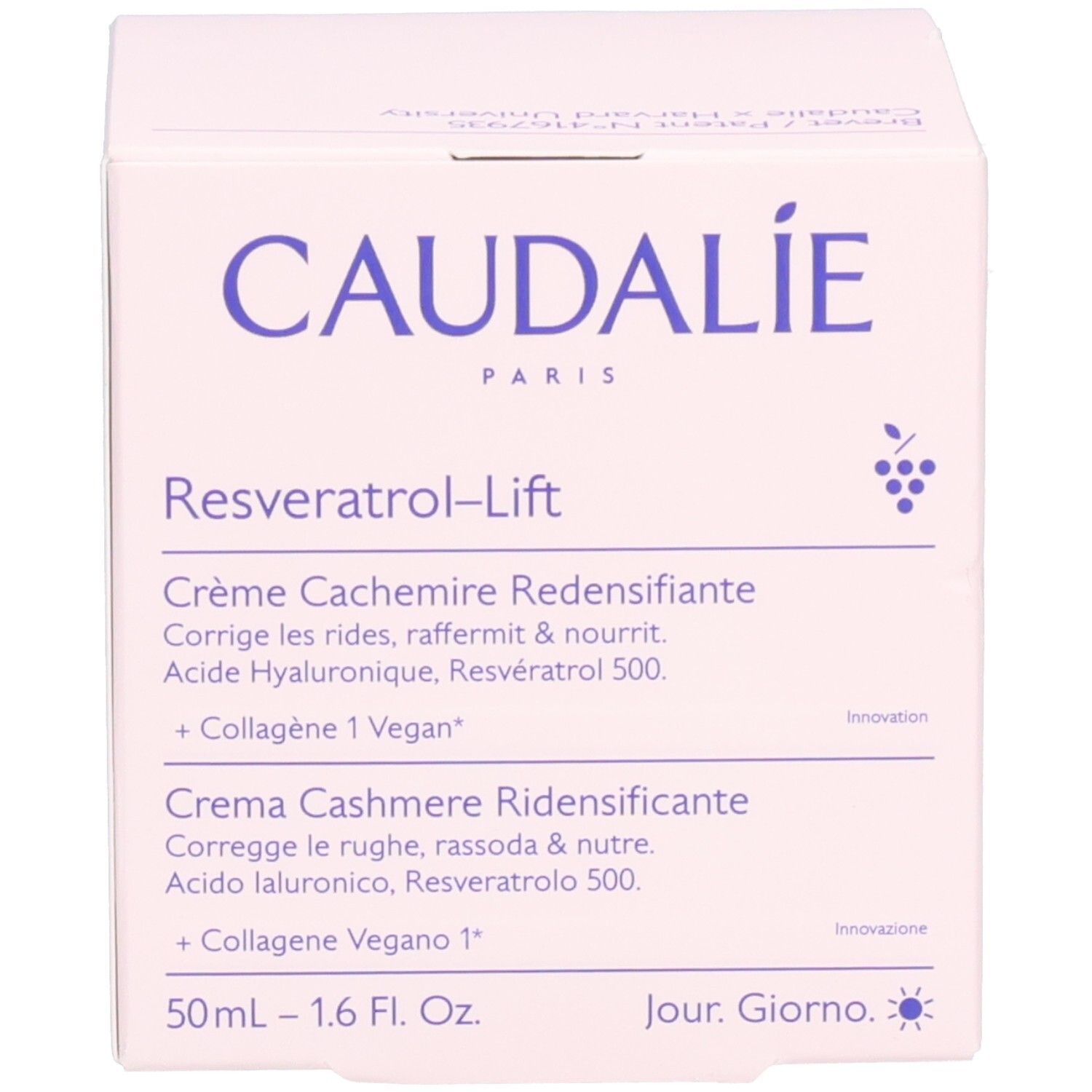 Emballage Caudalie Resveratrol-Lift. Boîte blanche avec nom du produit et informations. 50ml.
