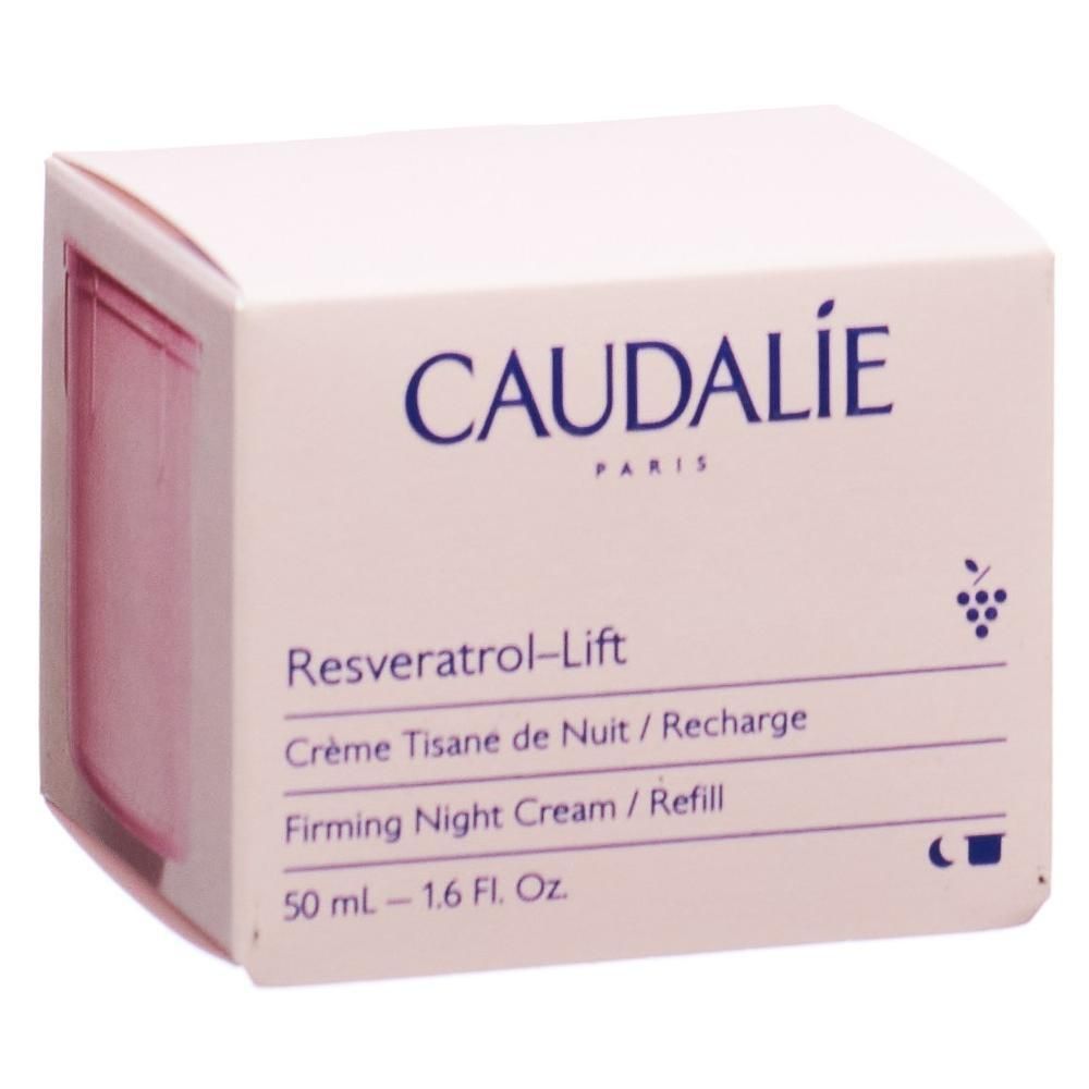 Boîte rose avec logo Caudalie et nom du produit Resveratrol-Lift. Texte: Crème Tisane de Nuit / Recharge.