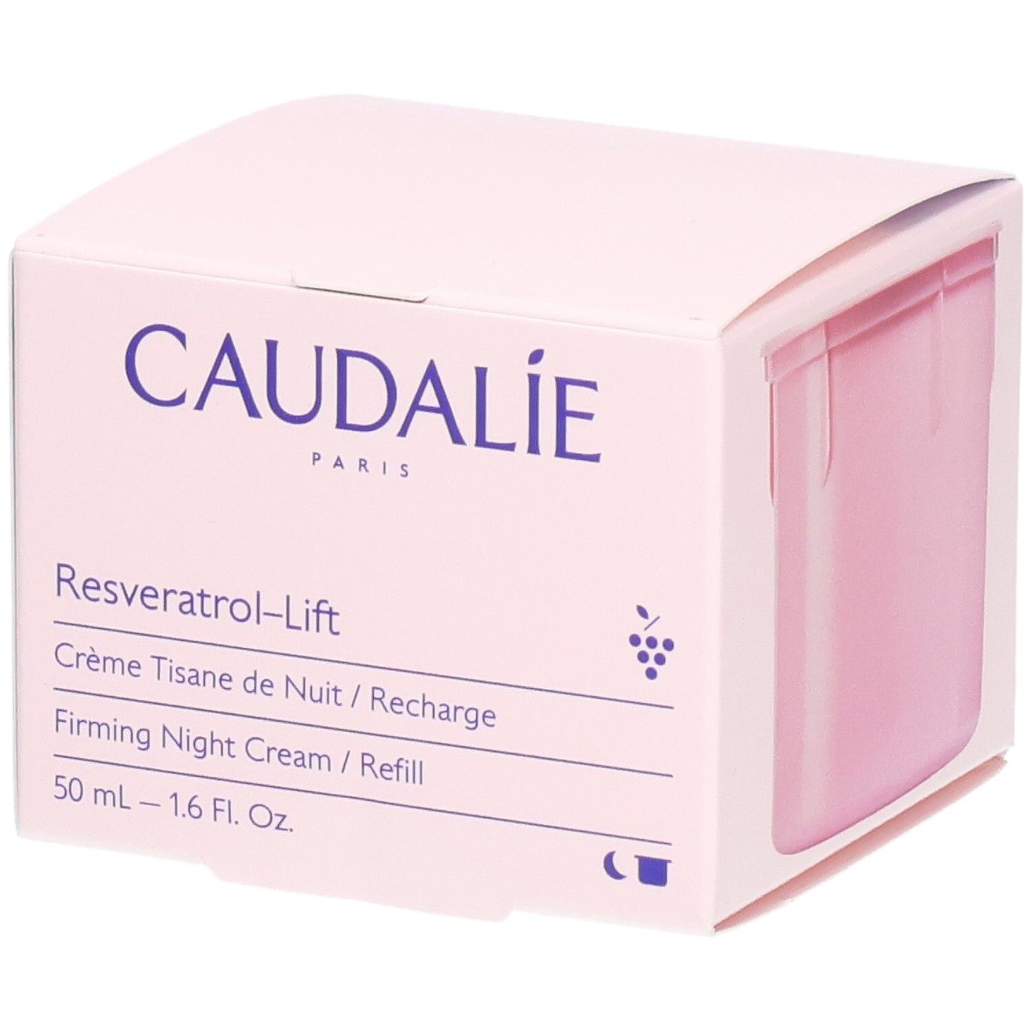 Boîte rose avec logo Caudalie et nom du produit Resveratrol-Lift. Texte: Crème Tisane de Nuit / Recharge.
