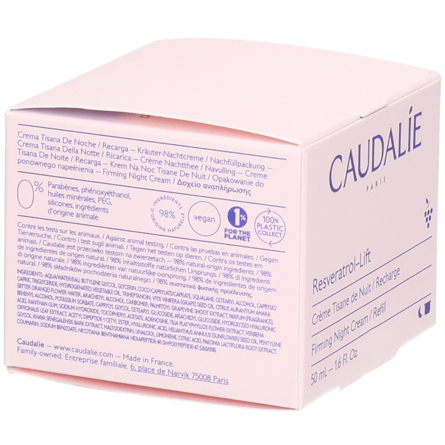 Boîte rose avec logo Caudalie et nom du produit Resveratrol-Lift. Texte: Crème Tisane de Nuit / Recharge.