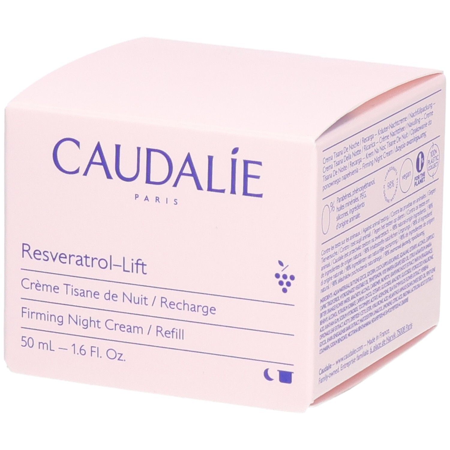 Boîte rose avec logo Caudalie et nom du produit Resveratrol-Lift. Texte: Crème Tisane de Nuit / Recharge.