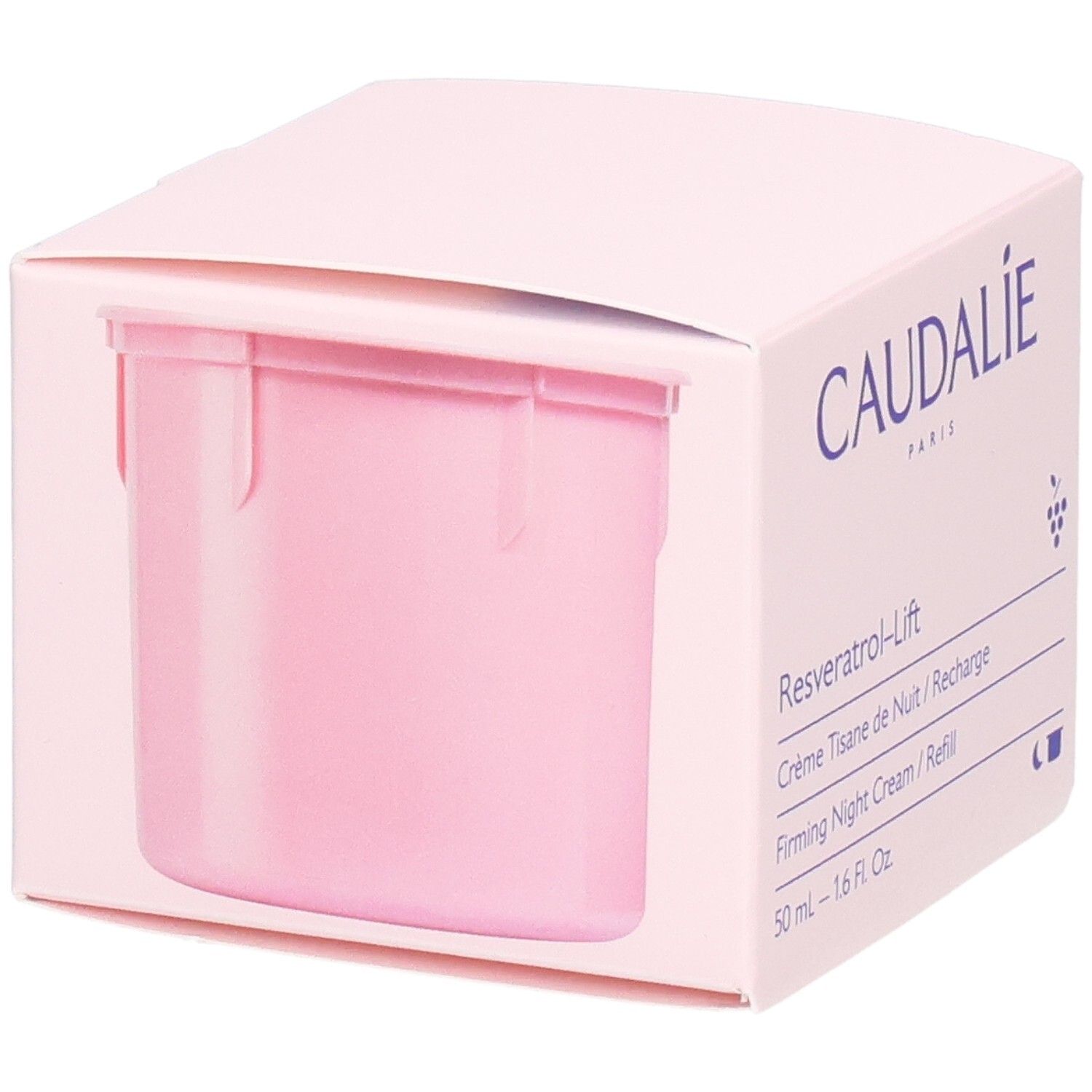 Boîte rose avec logo Caudalie et nom du produit Resveratrol-Lift. Texte: Crème Tisane de Nuit / Recharge.
