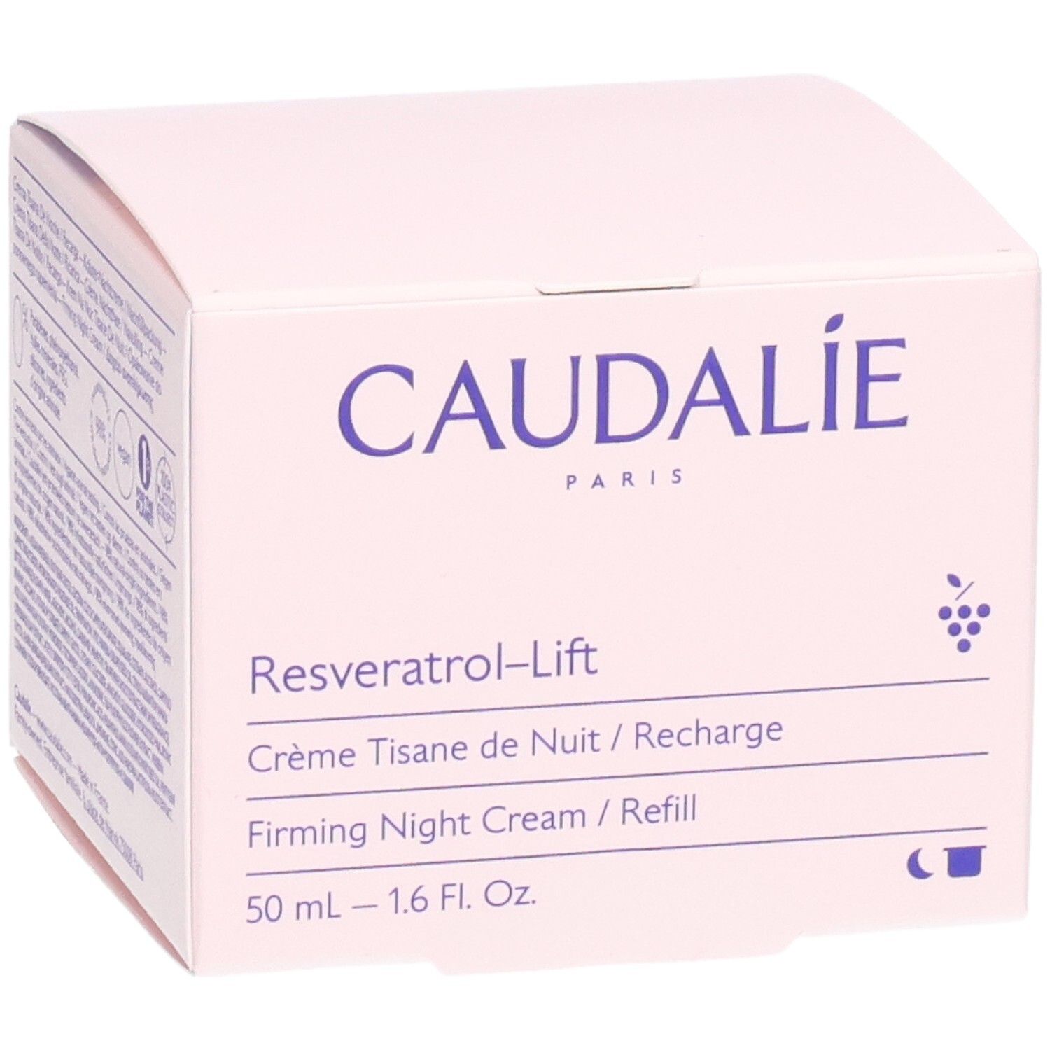 Boîte rose avec logo Caudalie et nom du produit Resveratrol-Lift. Texte: Crème Tisane de Nuit / Recharge.