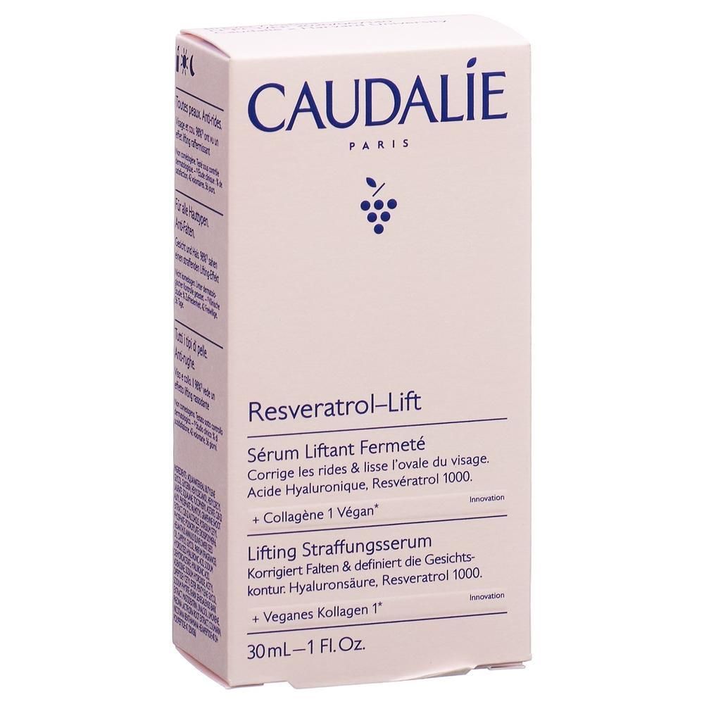 Boîte blanche Caudalie avec texte bleu et logo raisin. Nom du produit: Resveratrol-Lift. Contient des informations sur les ingrédients et le volume.