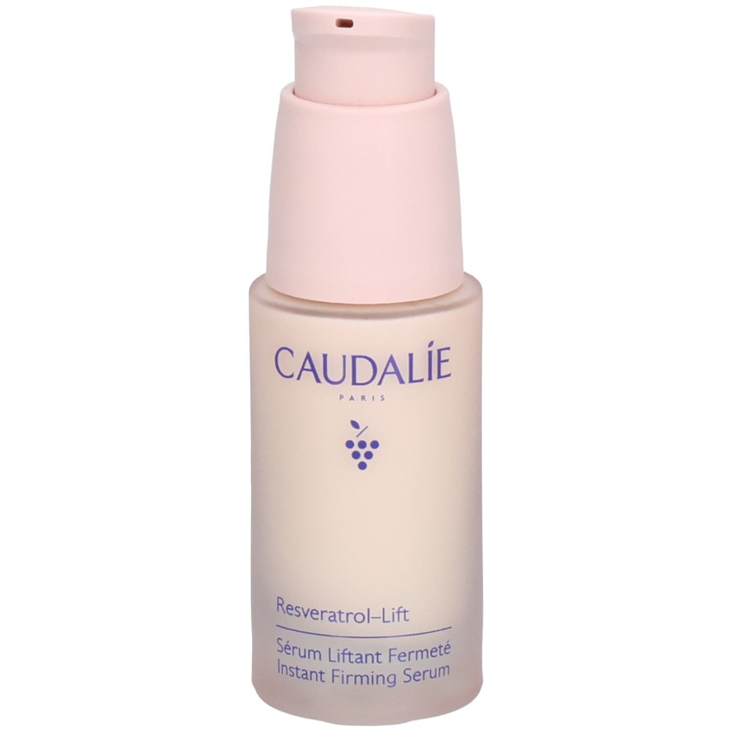 Caudalie Resveratrol-Lift Serum. Flasche mit rosa Pumpkopf. Produktname und Marke sichtbar.
