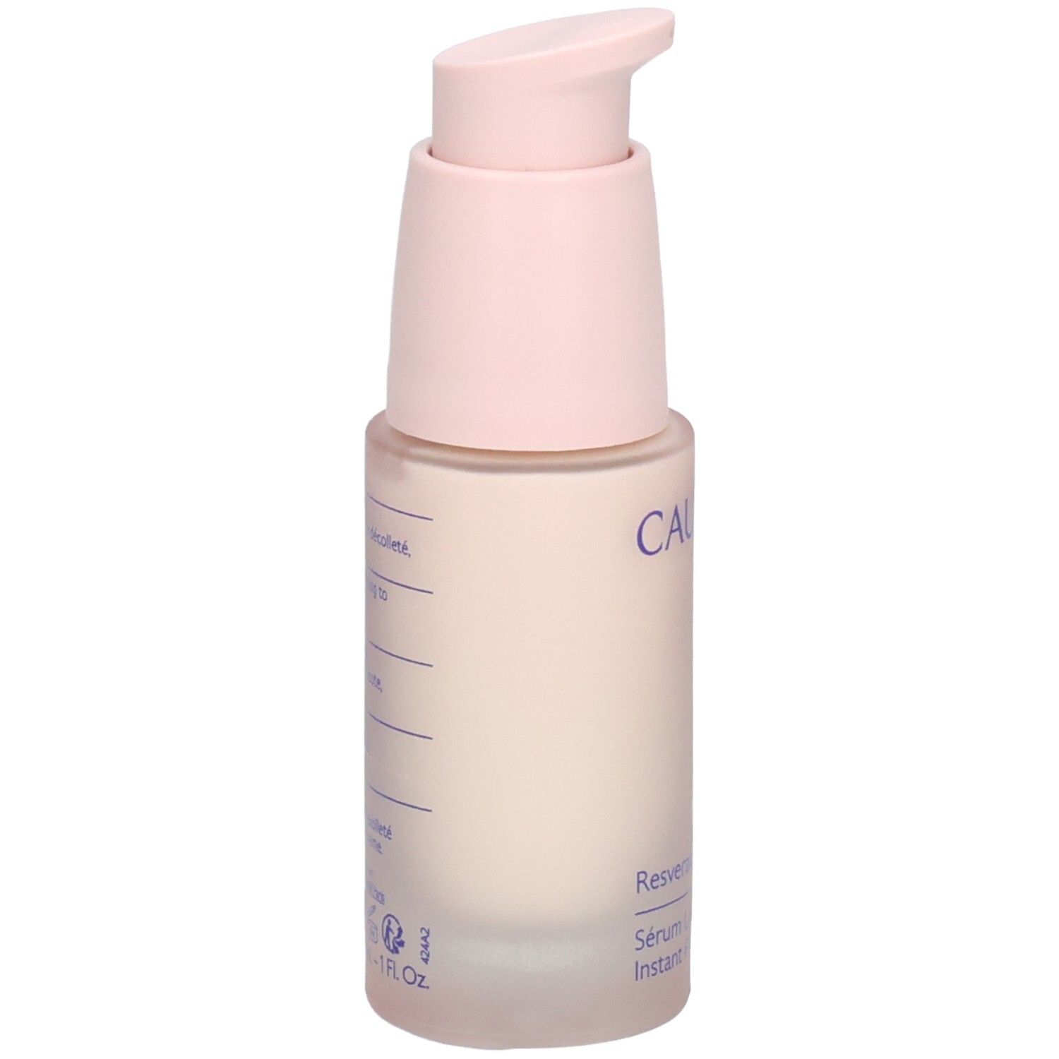Caudalie Resveratrol-Lift Serum. Flasche mit rosa Pumpkopf. Rückseite mit Produktinformationen.