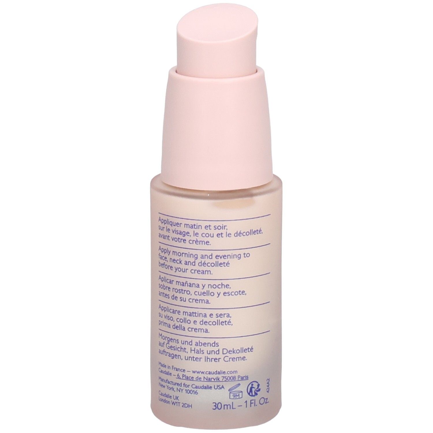 Caudalie Resveratrol-Lift Serum. Flasche mit rosa Pumpkopf. Rückseite mit Produktinformationen.
