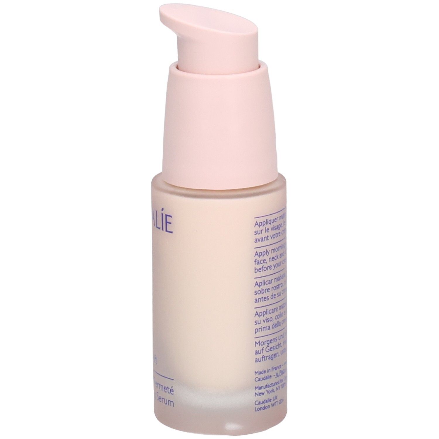 Caudalie Resveratrol-Lift Serum. Flasche mit rosa Pumpkopf. Rückseite mit Produktinformationen.