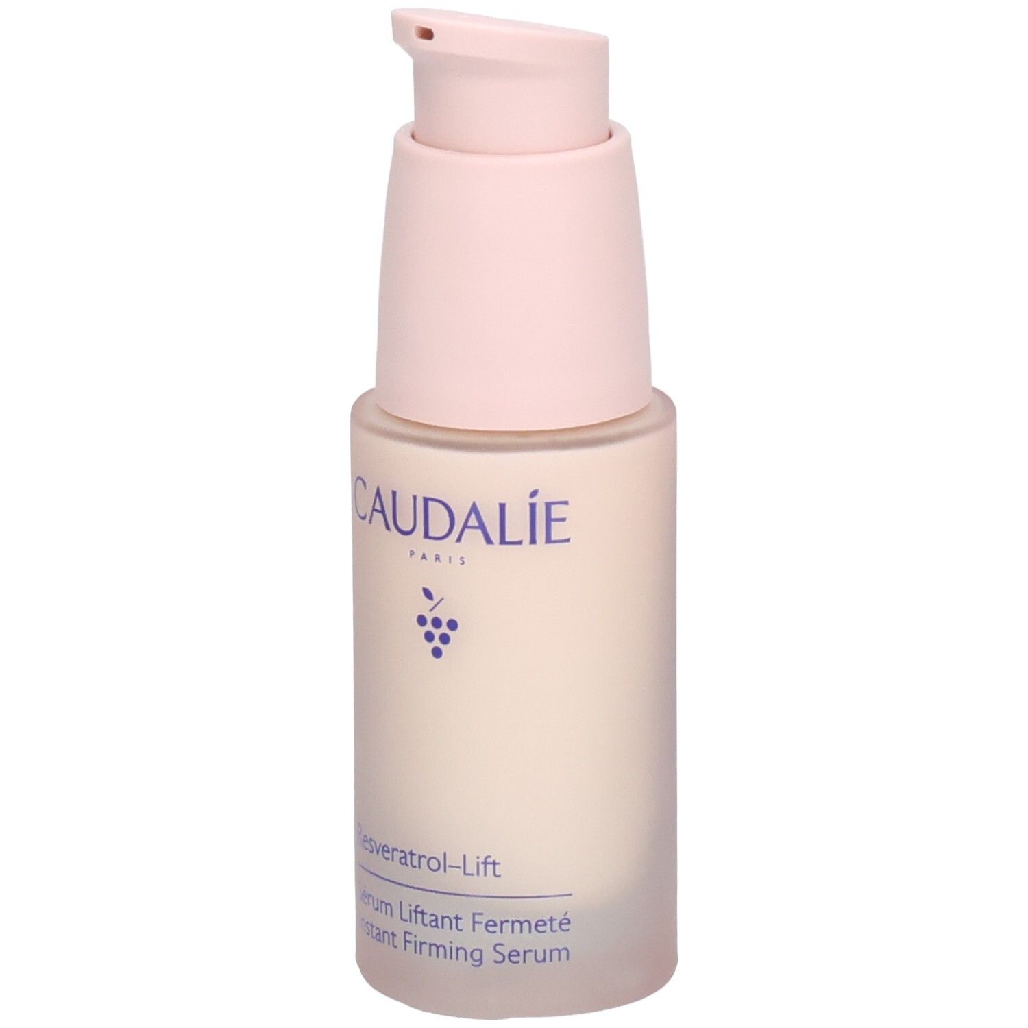 Caudalie Resveratrol-Lift Serum. Flasche mit rosa Pumpkopf. Produktname und Marke sichtbar.