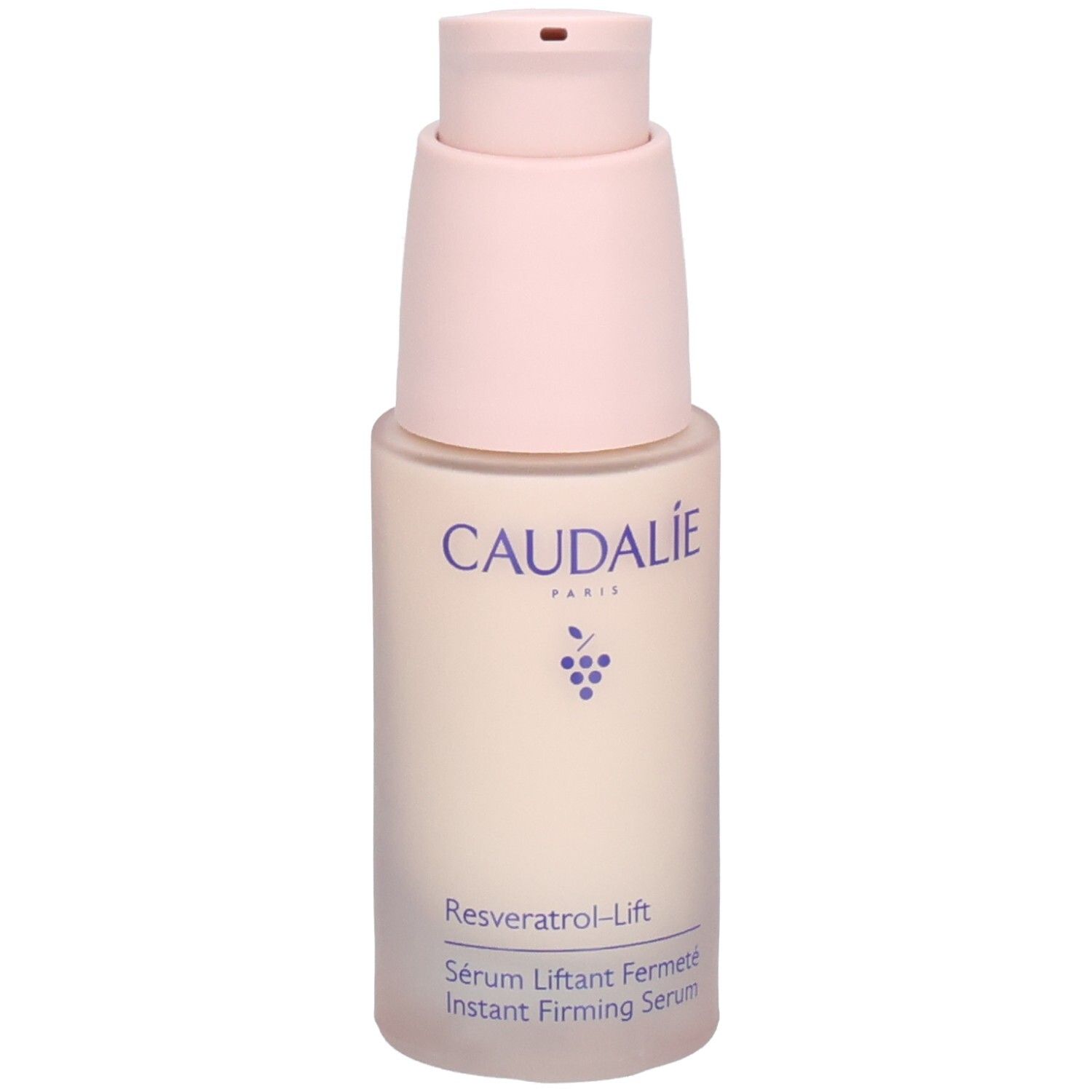 Caudalie Resveratrol-Lift Serum. Flasche mit rosa Pumpkopf. Produktname und Marke sichtbar.