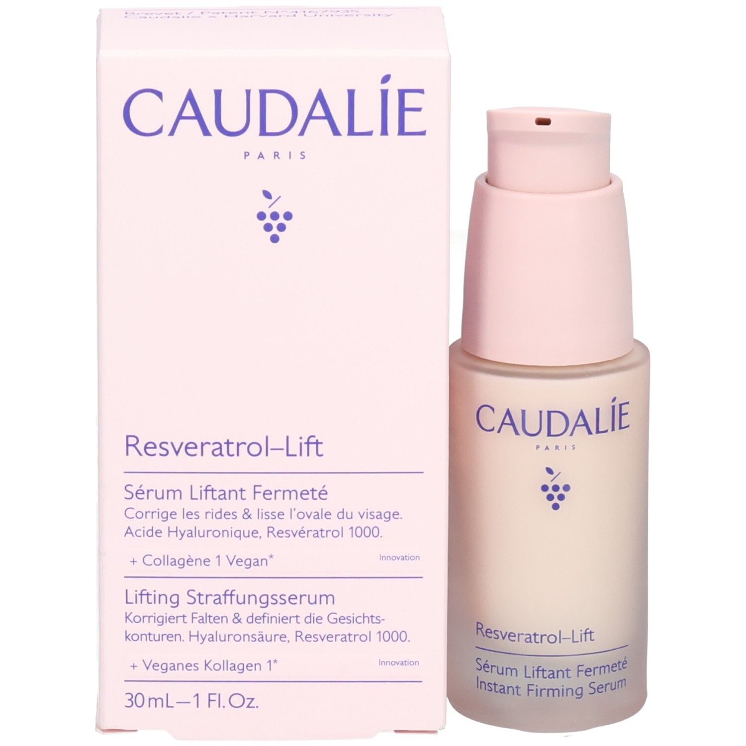 Caudalie Resveratrol-Lift Serum und Verpackung. Flasche mit rosa Pumpkopf und Karton.