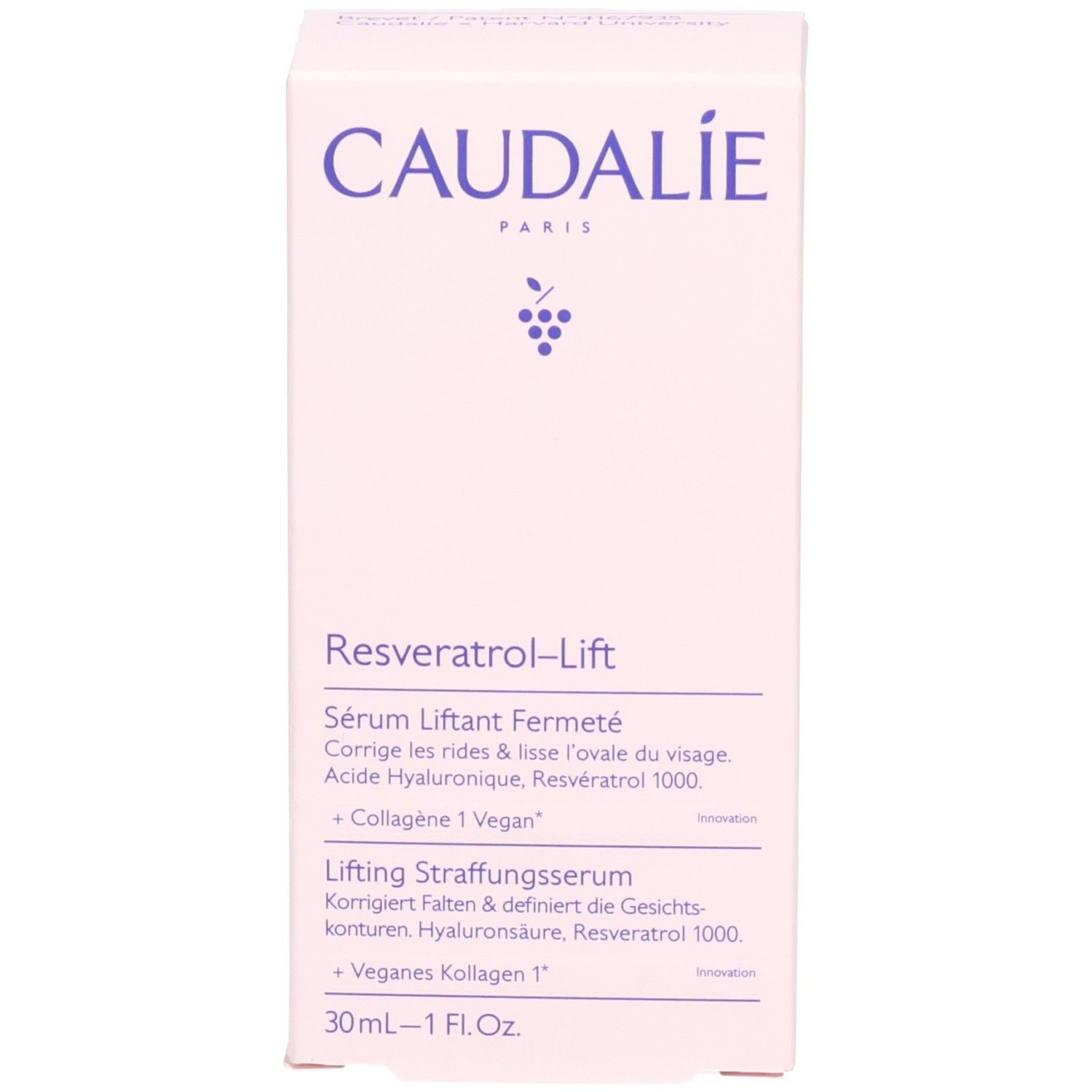 Caudalie Resveratrol-Lift Verpackung. Weiße Schachtel mit lila Schrift.