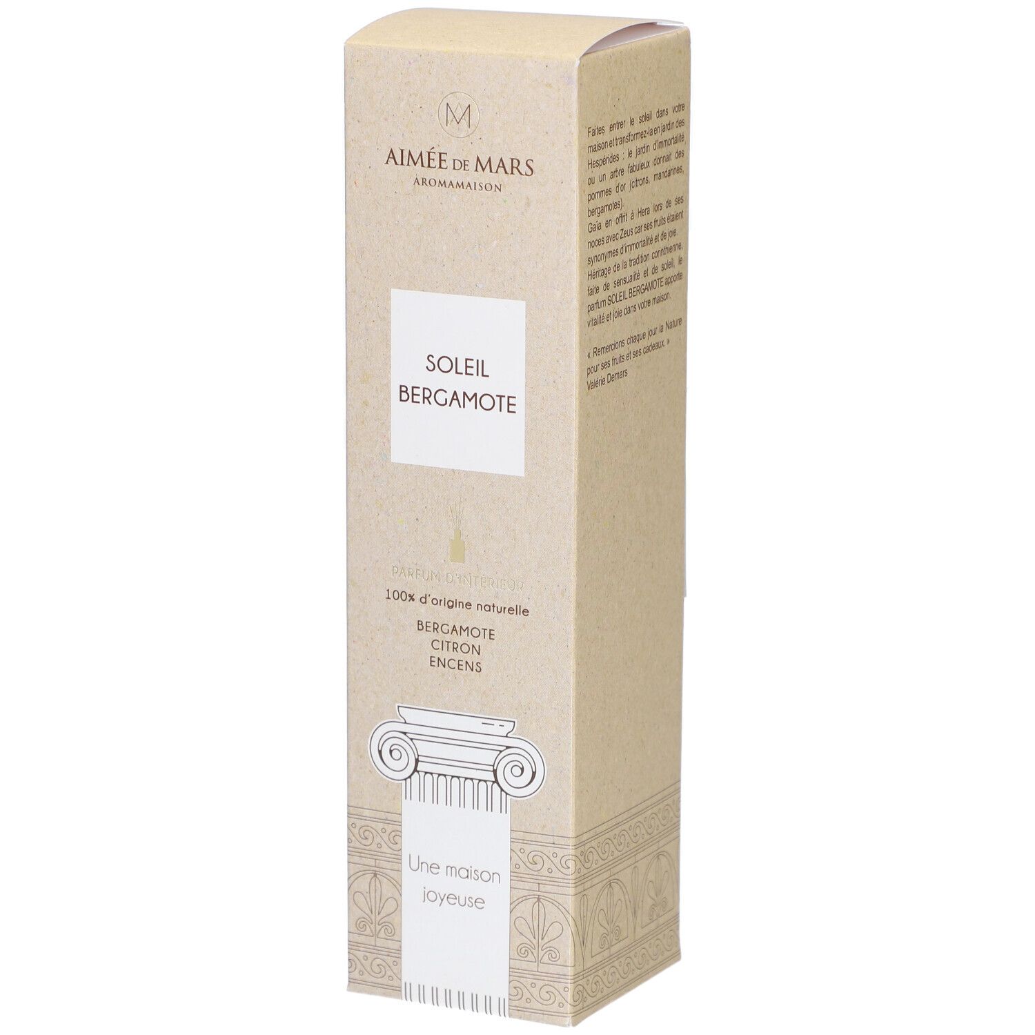 Boîte en carton Soleil Bergamote. Marque Aimée de Mars. Beige, illustration de colonnes. Texte en français.